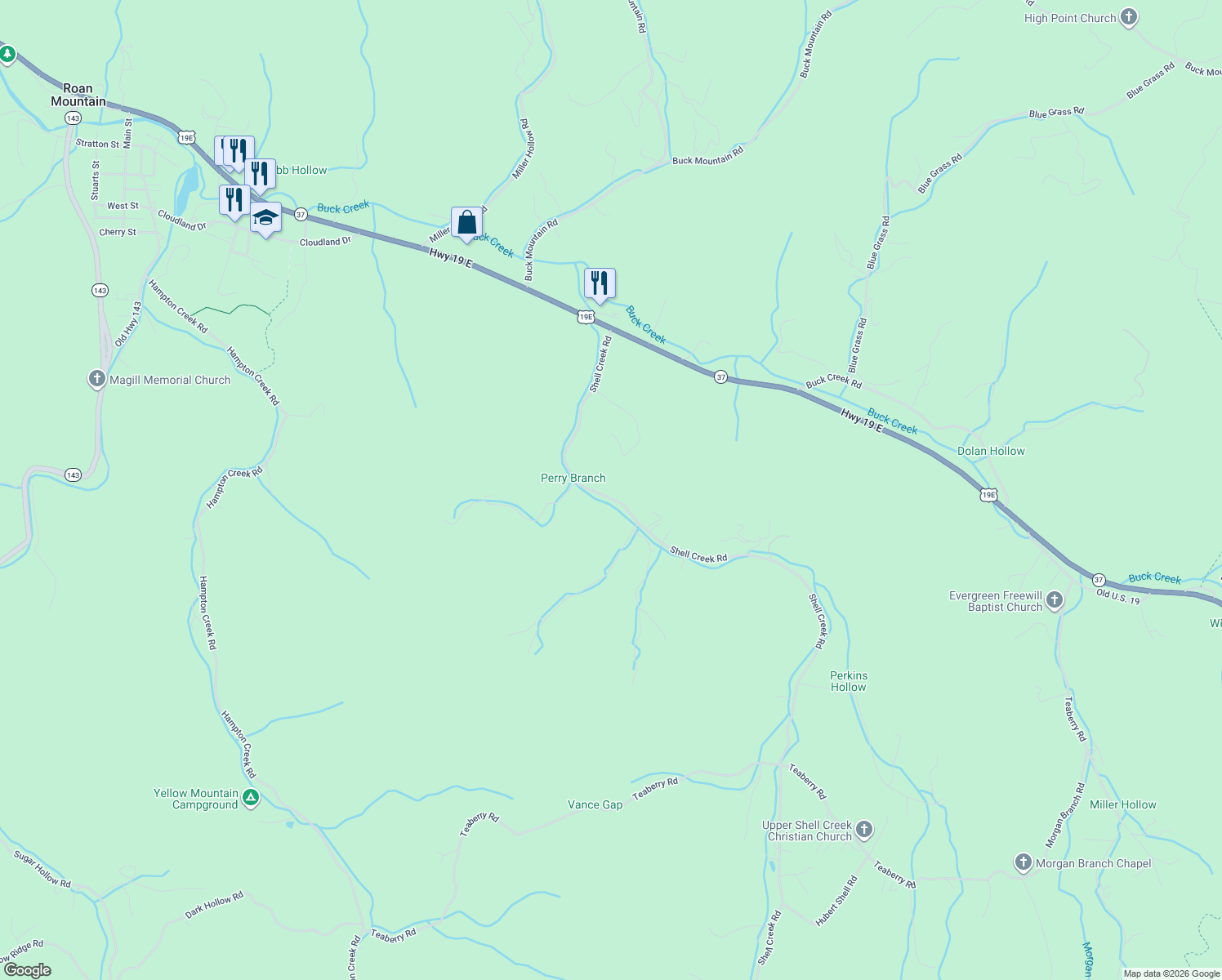 map of restaurants, bars, coffee shops, grocery stores, and more near 220 Shell Creek Road in Roan Mountain