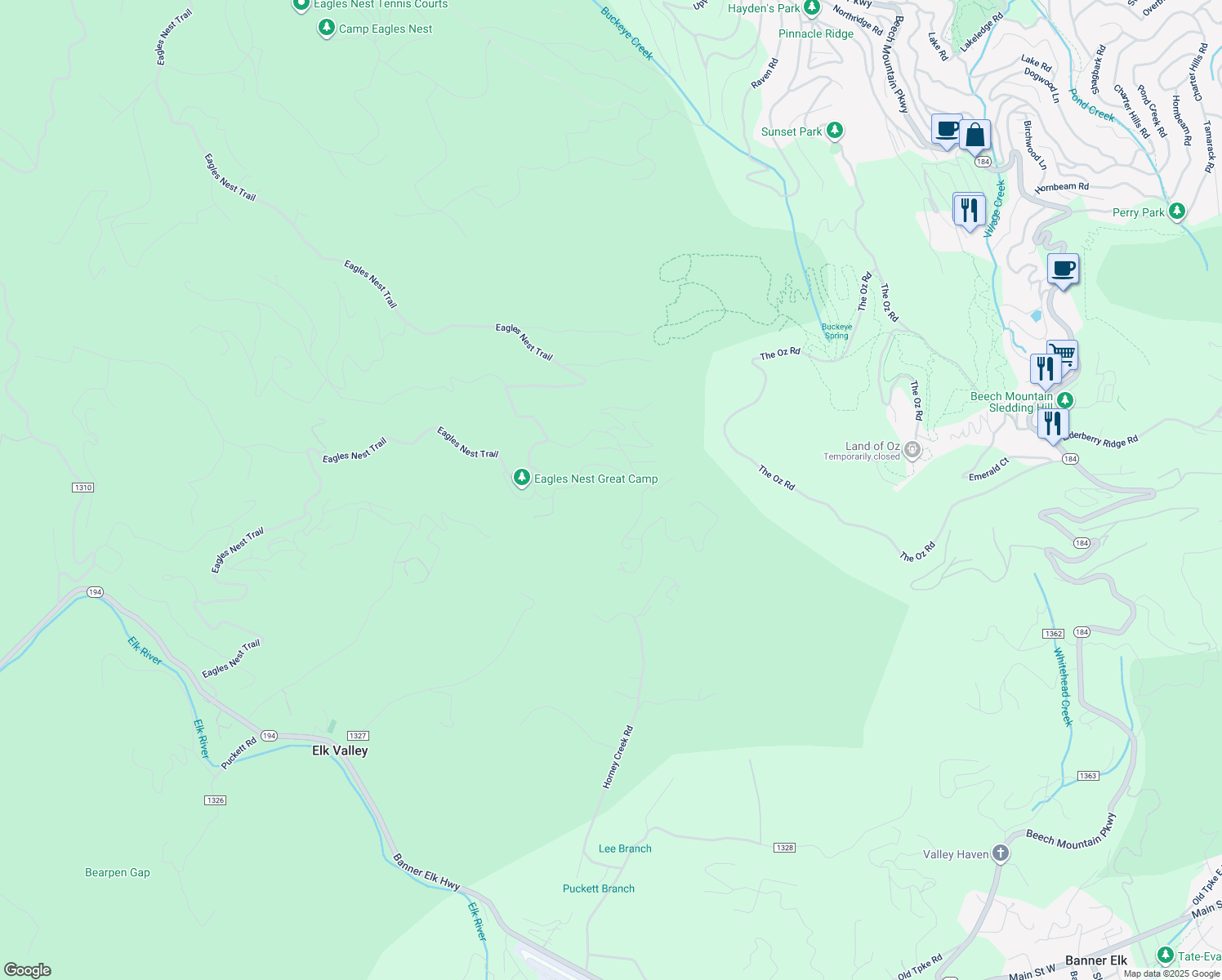 map of restaurants, bars, coffee shops, grocery stores, and more near 302 Lodge Woods Trail in Banner Elk