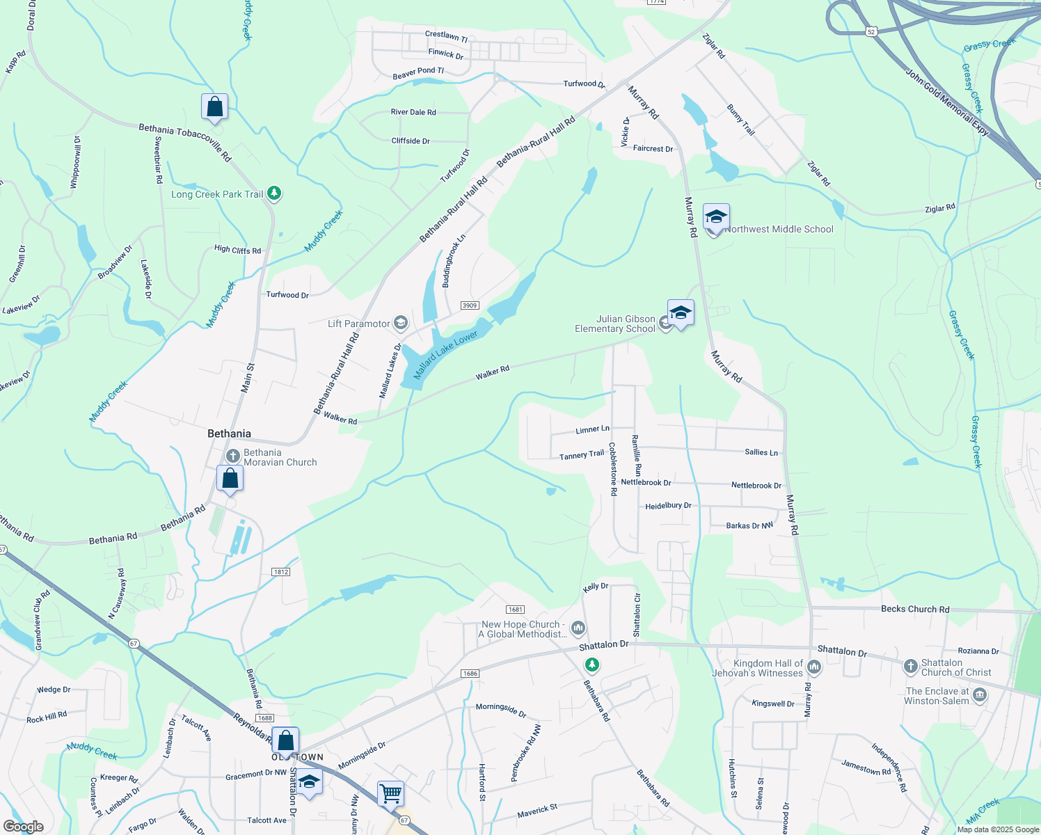 map of restaurants, bars, coffee shops, grocery stores, and more near 5124 Wheeler Court in Winston-Salem