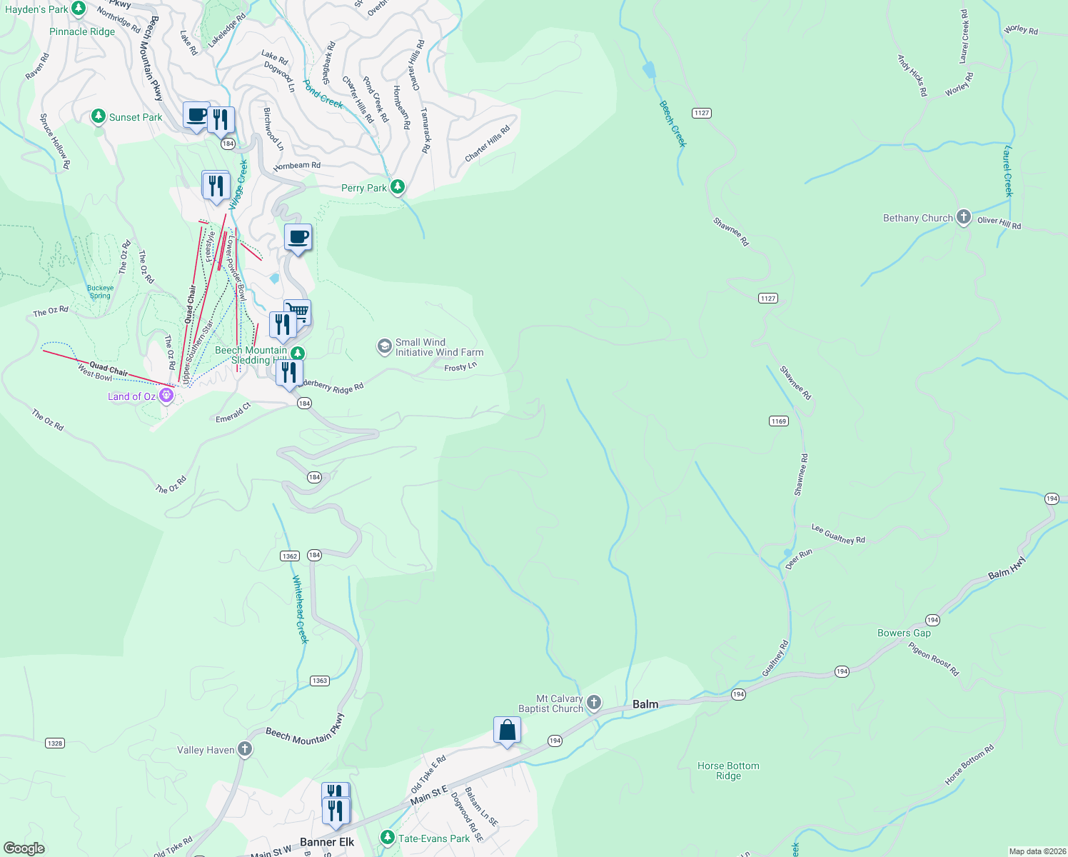 map of restaurants, bars, coffee shops, grocery stores, and more near 679 Fox Run Road in Banner Elk