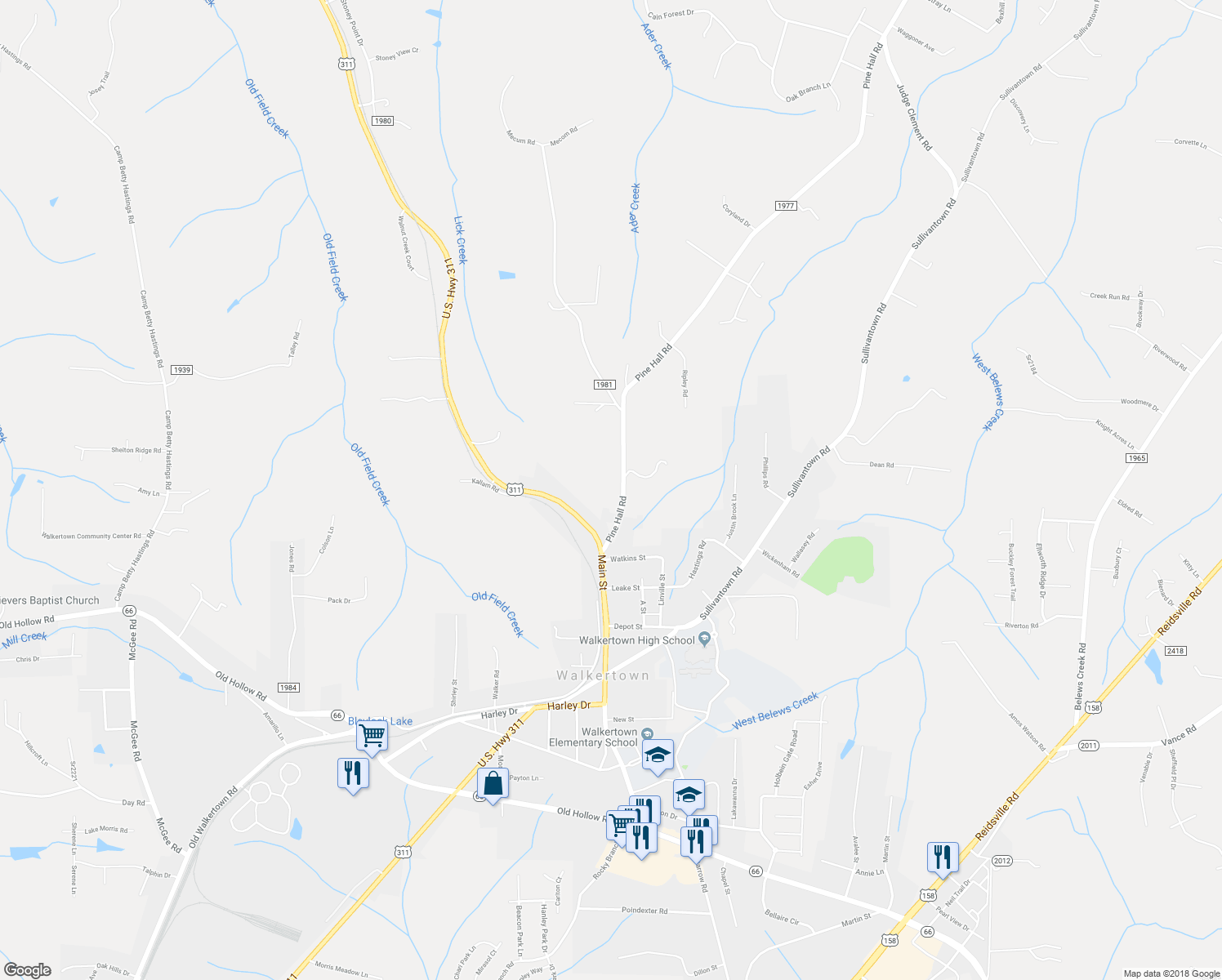 map of restaurants, bars, coffee shops, grocery stores, and more near 3824 Pine Hall Road in Walkertown