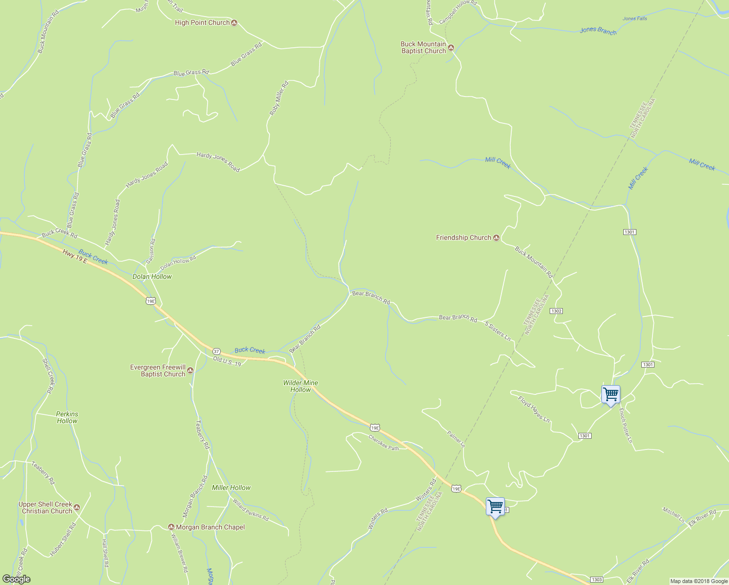 map of restaurants, bars, coffee shops, grocery stores, and more near 232 Bear Branch Road in Roan Mountain