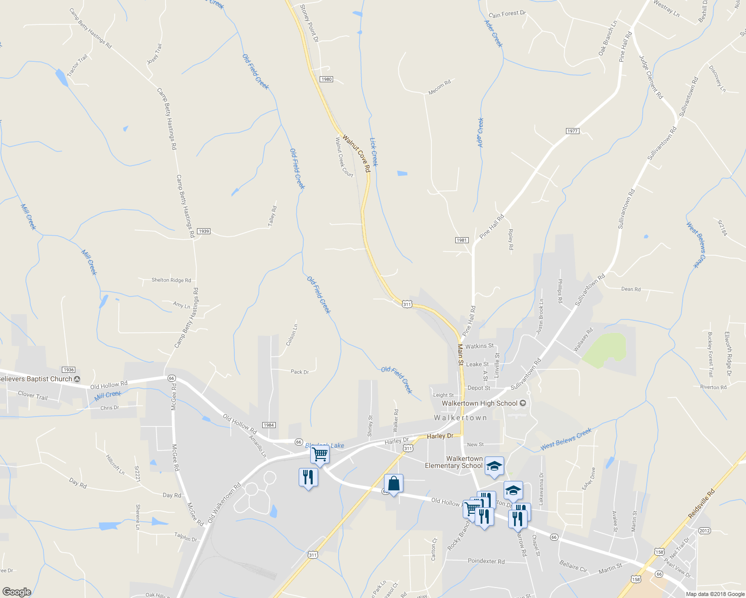 map of restaurants, bars, coffee shops, grocery stores, and more near Kallam Road in Walkertown