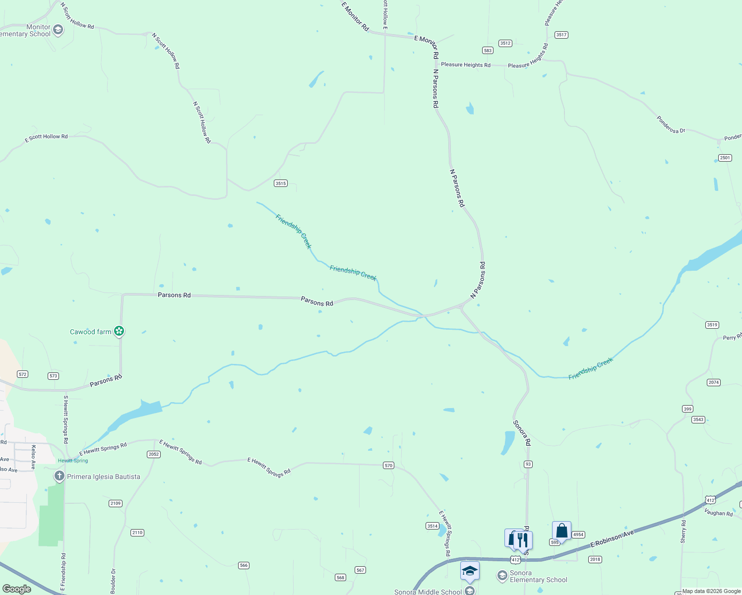 map of restaurants, bars, coffee shops, grocery stores, and more near 16755 Parsons Road in Springdale