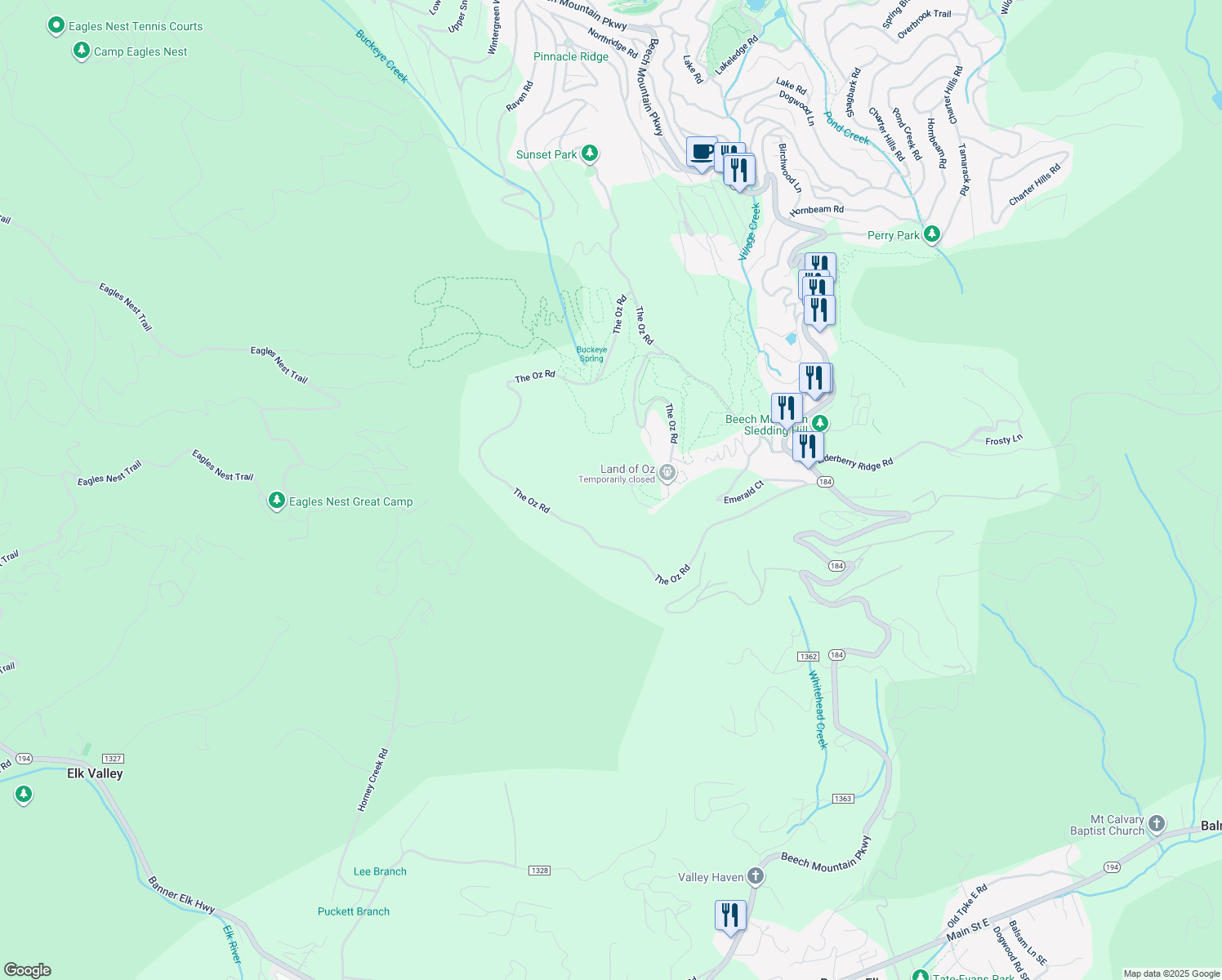 map of restaurants, bars, coffee shops, grocery stores, and more near 101 Oz Circle in Beech Mountain