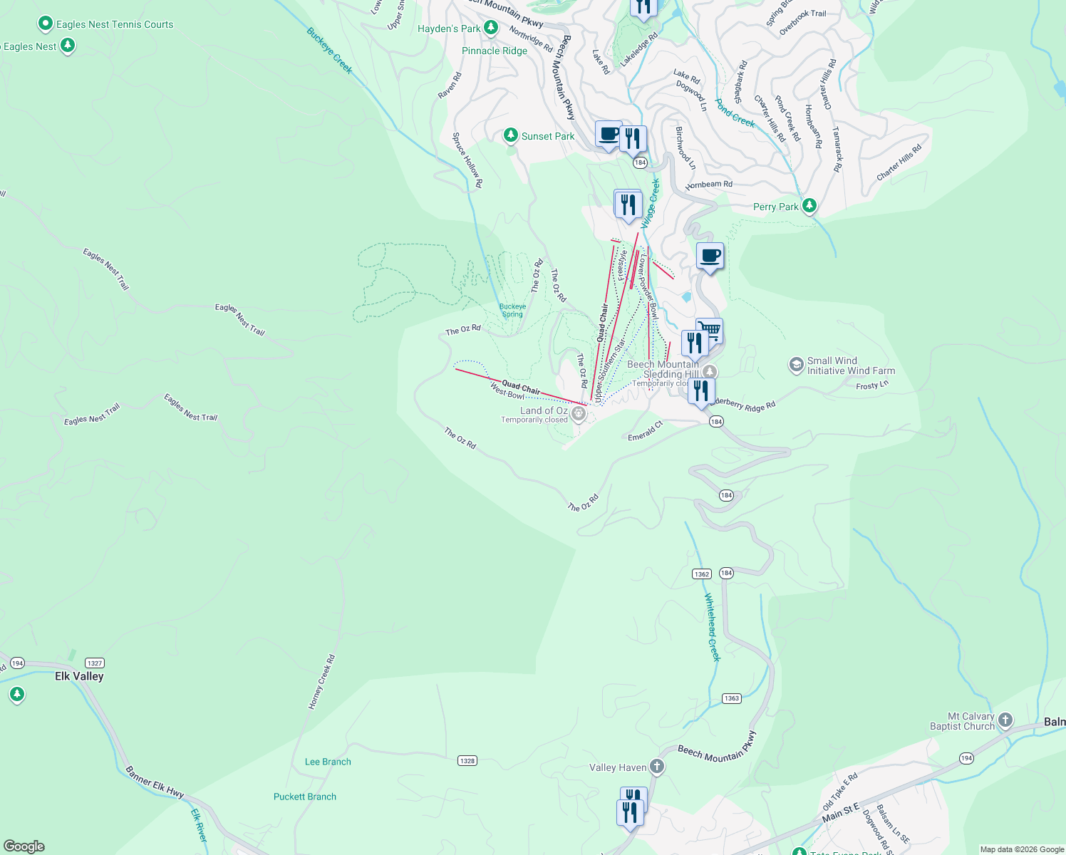 map of restaurants, bars, coffee shops, grocery stores, and more near 126 Oz Road in Beech Mountain