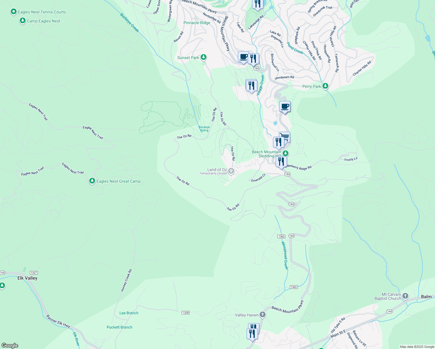 map of restaurants, bars, coffee shops, grocery stores, and more near 101 Oz Circle in Beech Mountain