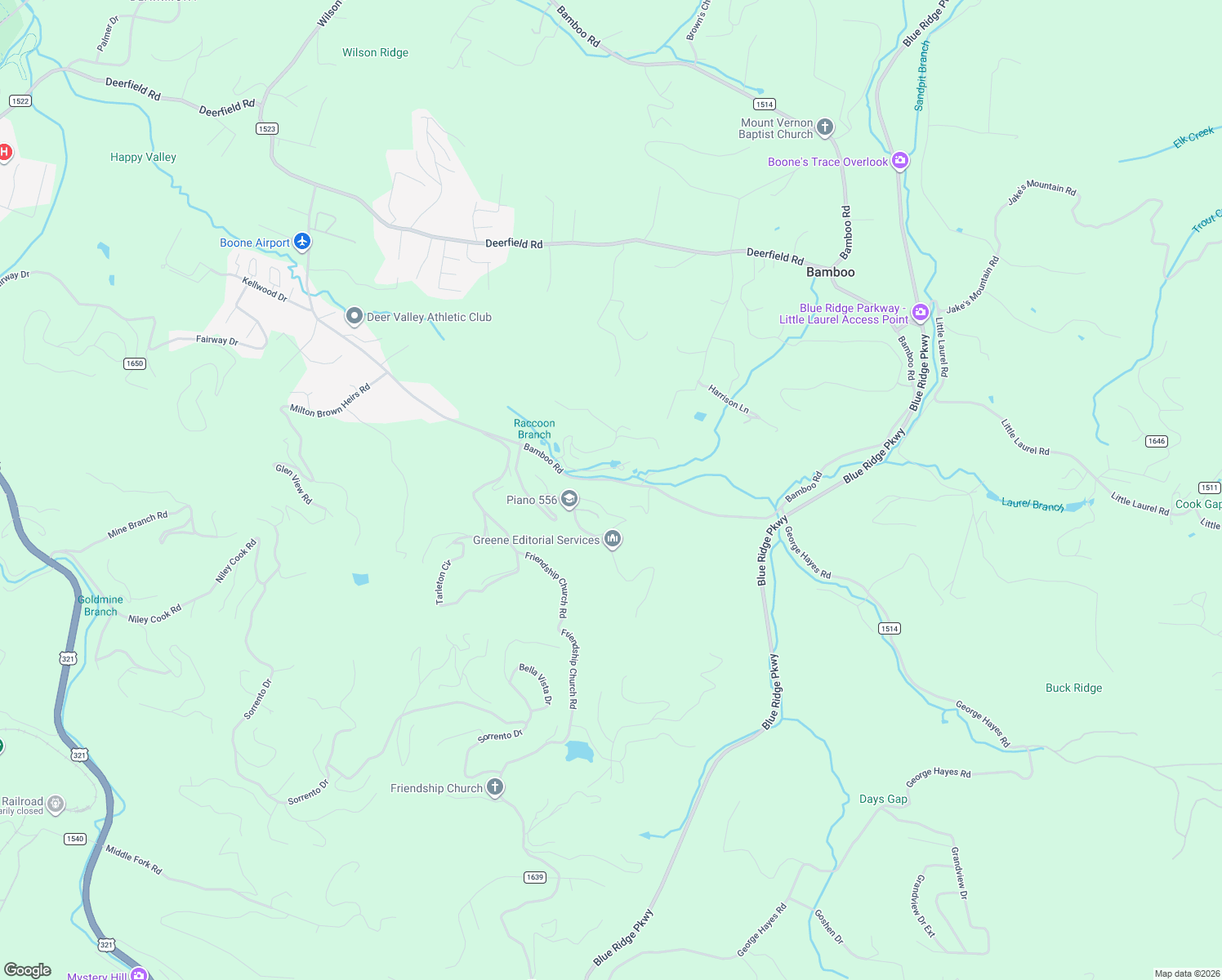map of restaurants, bars, coffee shops, grocery stores, and more near 1522 Bamboo Road in Boone