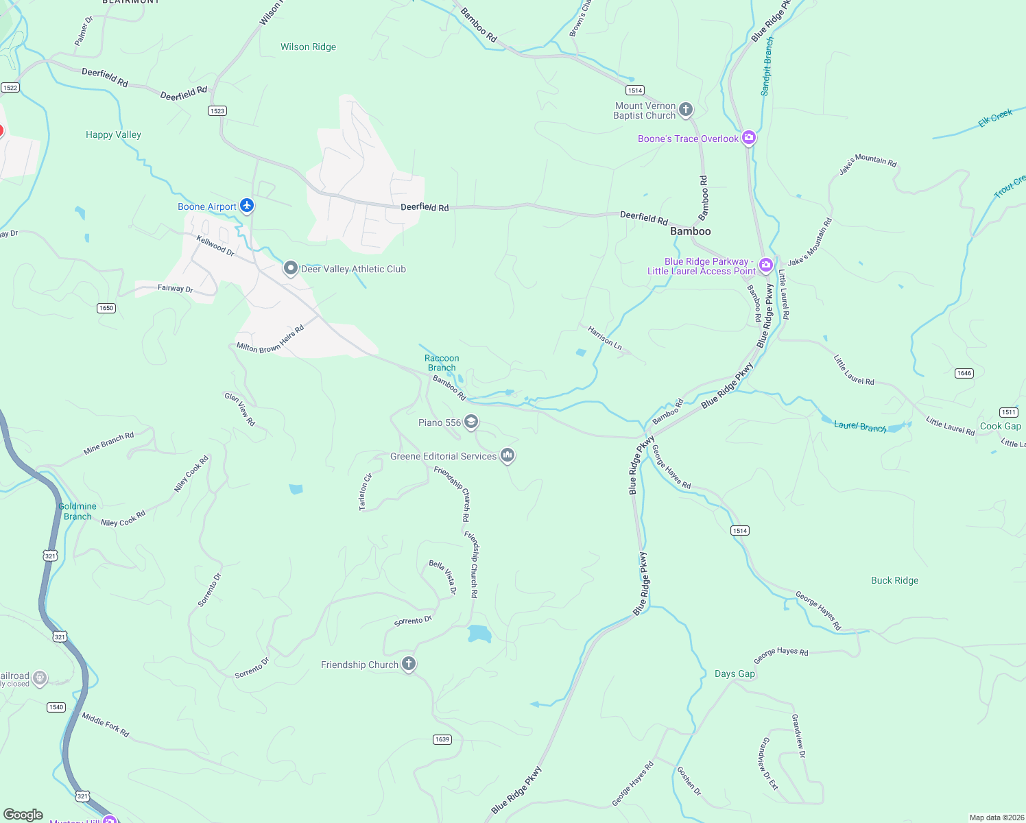 map of restaurants, bars, coffee shops, grocery stores, and more near 1522 Bamboo Road in Boone