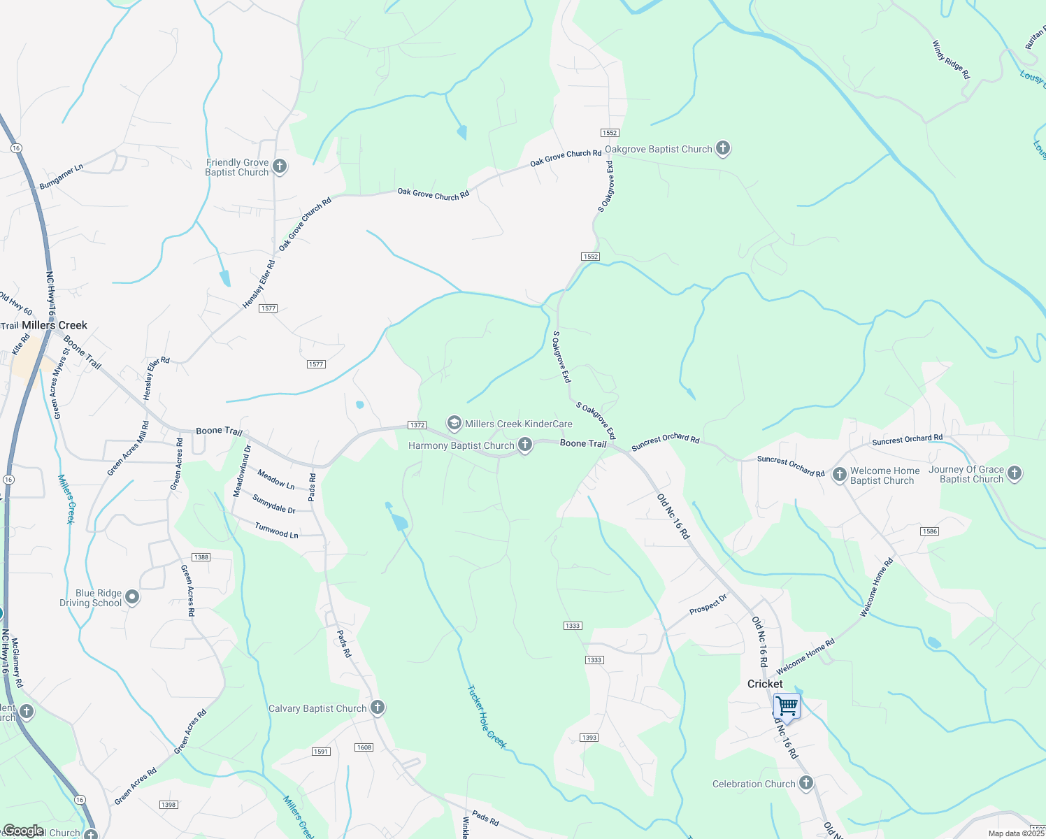 map of restaurants, bars, coffee shops, grocery stores, and more near 118 Whispering Oak Lane in Millers Creek