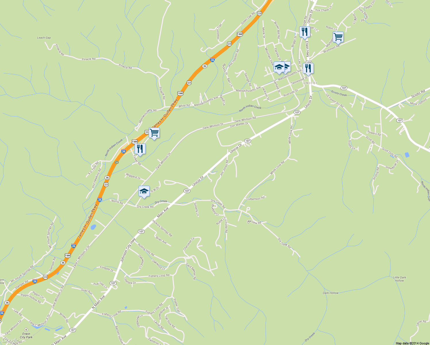 map of restaurants, bars, coffee shops, grocery stores, and more near 111 Ambrose Court in Unicoi