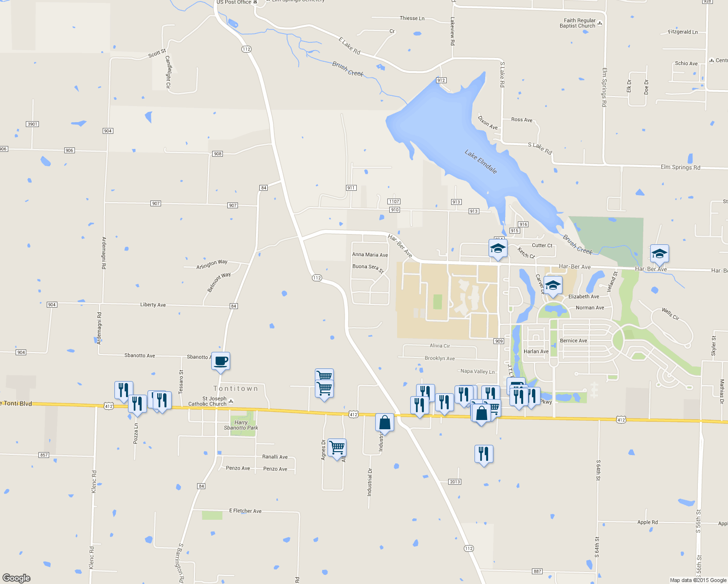 map of restaurants, bars, coffee shops, grocery stores, and more near 8281 San Marco Avenue in Springdale