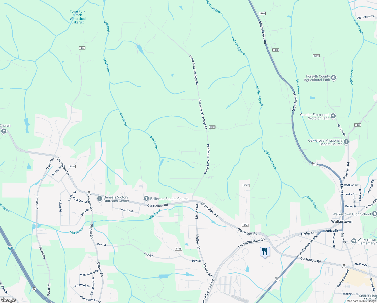 map of restaurants, bars, coffee shops, grocery stores, and more near 4625 Shelton Ridge Road in Walkertown
