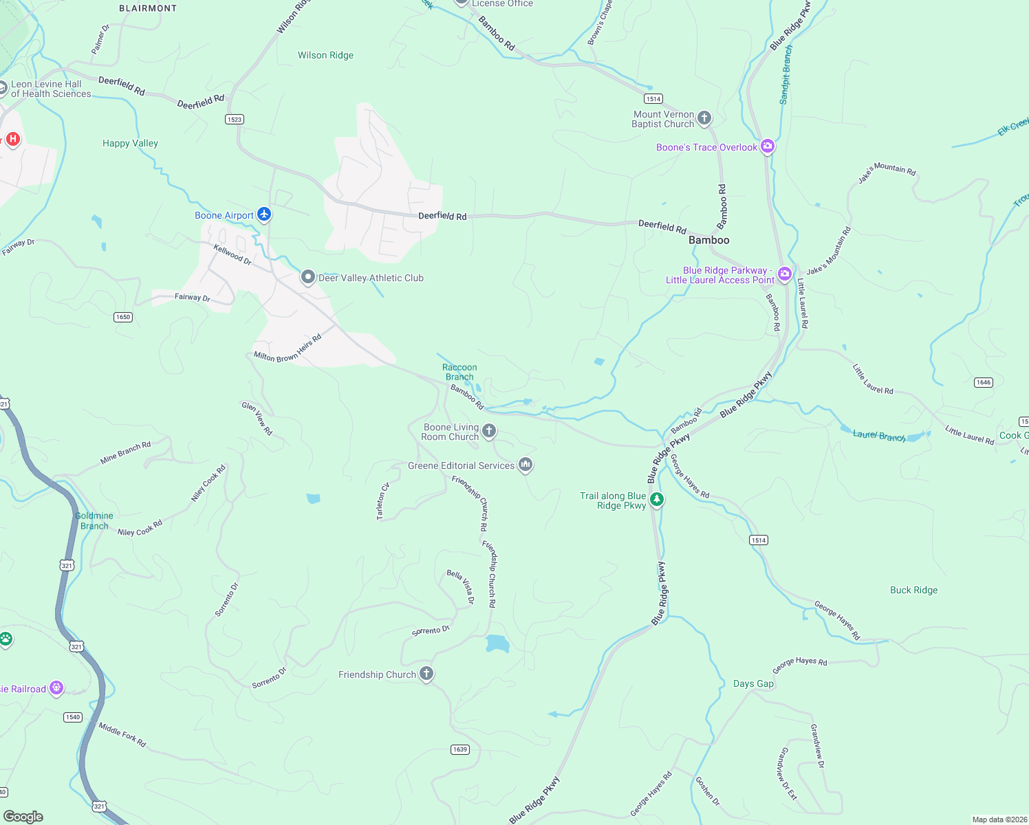 map of restaurants, bars, coffee shops, grocery stores, and more near 1522 Bamboo Road in Boone