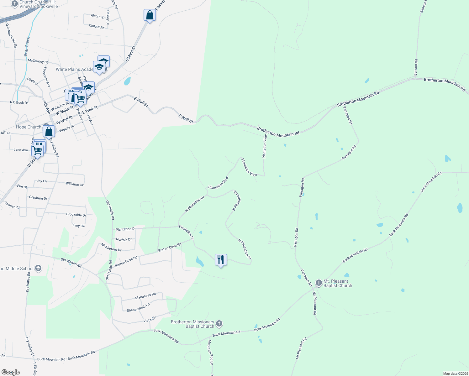 map of restaurants, bars, coffee shops, grocery stores, and more near 1422 North Plantation Drive in Cookeville