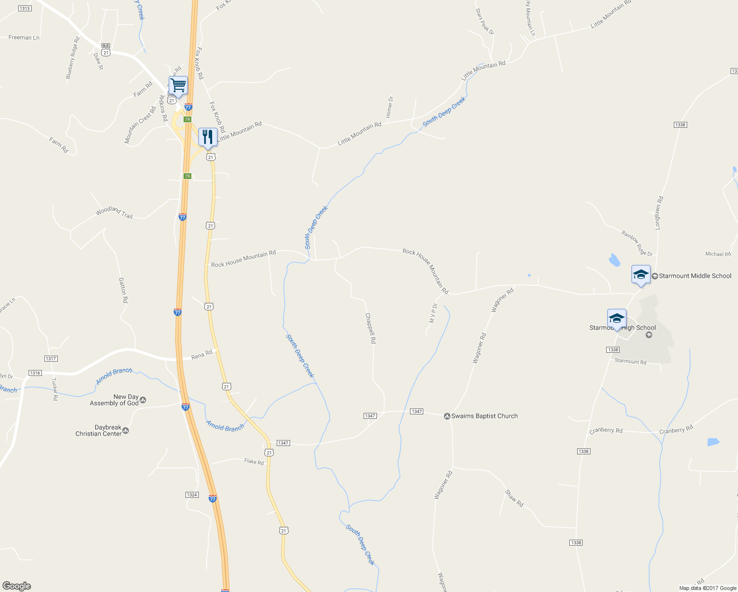 map of restaurants, bars, coffee shops, grocery stores, and more near 2412 Chappell Road in Hamptonville