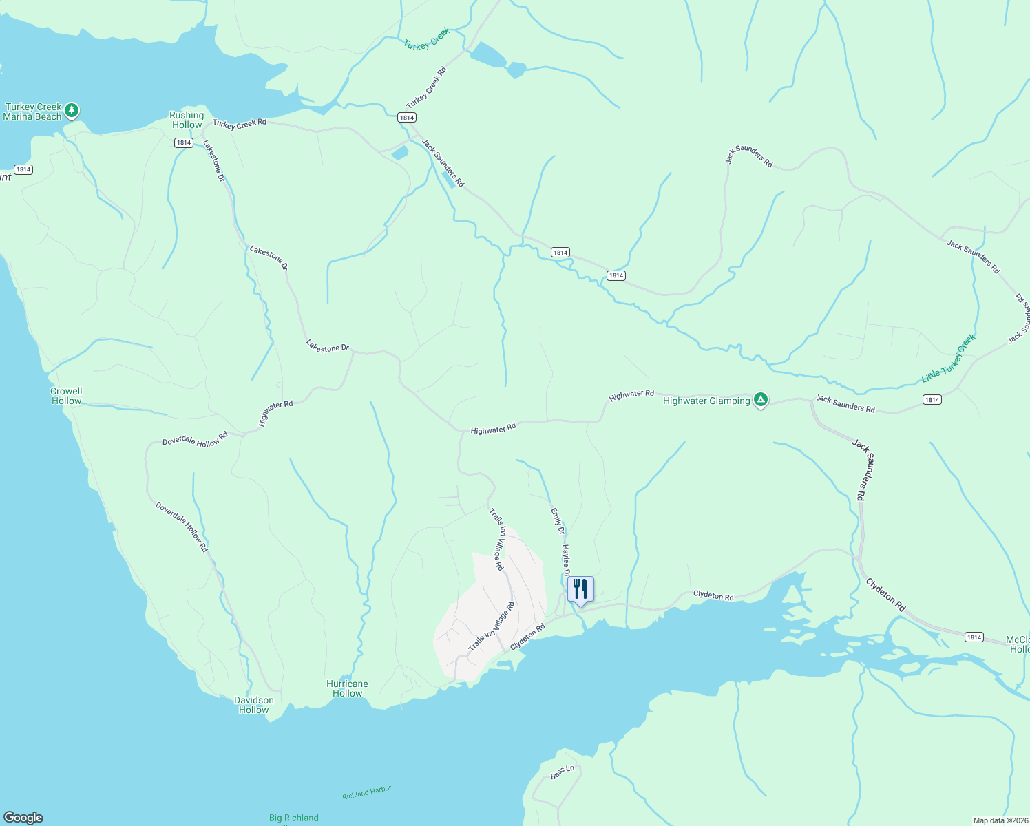 map of restaurants, bars, coffee shops, grocery stores, and more near Highwater Road in Waverly