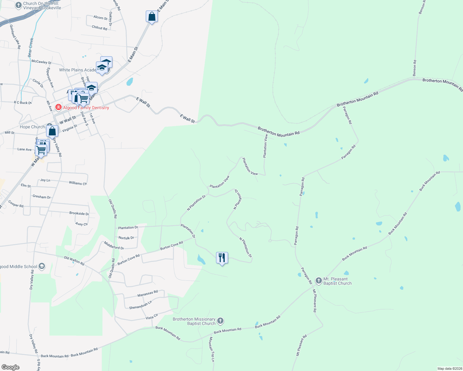 map of restaurants, bars, coffee shops, grocery stores, and more near 1422 North Plantation Drive in Cookeville