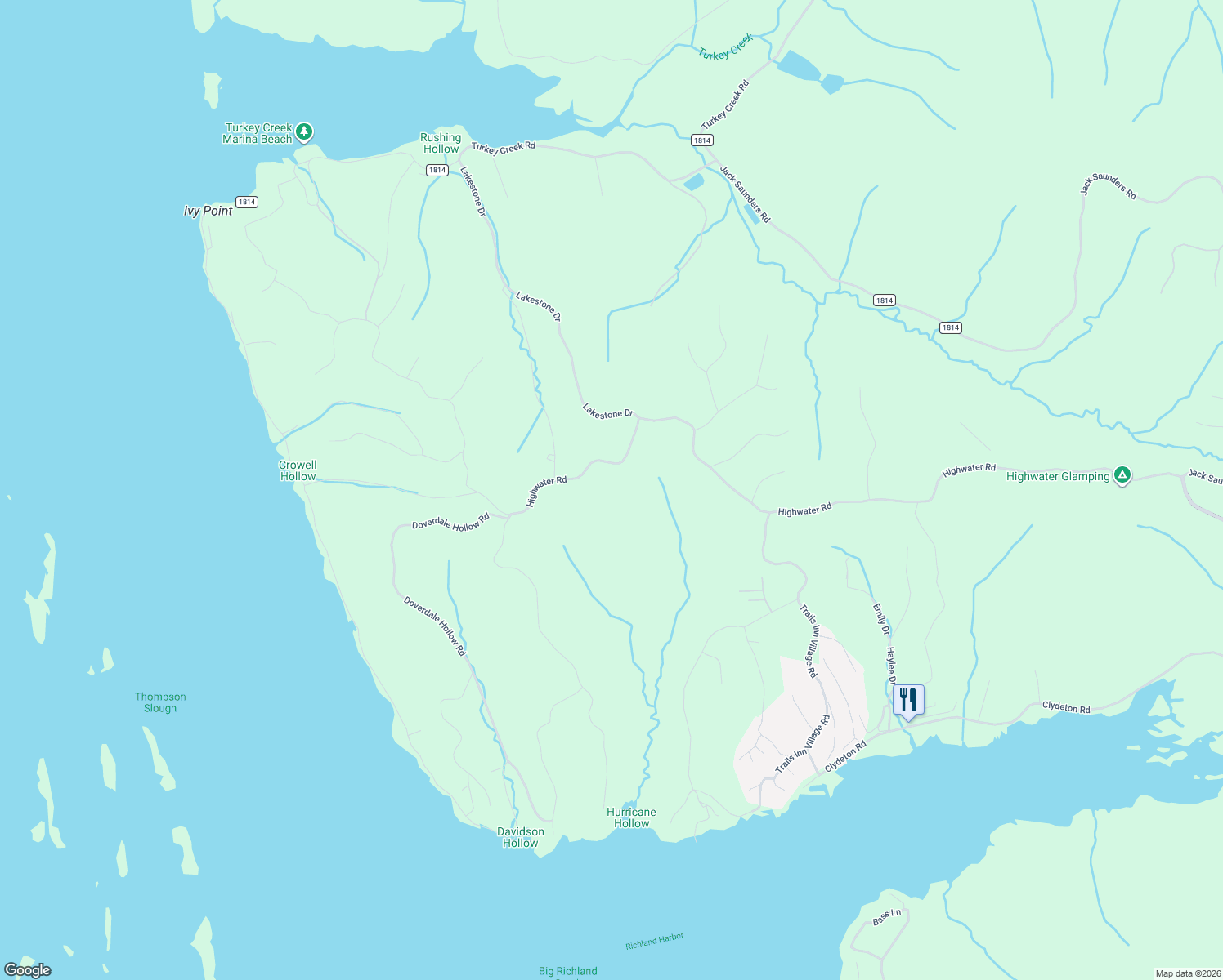 map of restaurants, bars, coffee shops, grocery stores, and more near Highwater Road in Waverly
