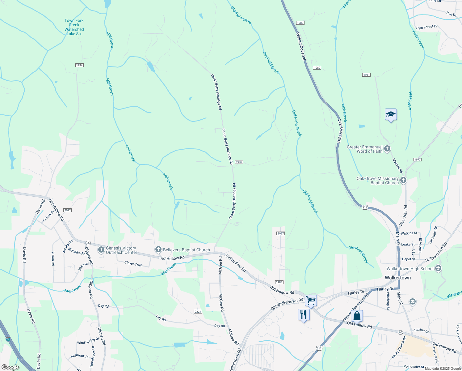 map of restaurants, bars, coffee shops, grocery stores, and more near 4324 Camp Betty Hastings Road in Walkertown