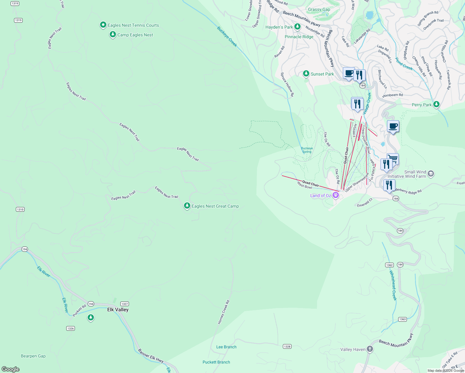 map of restaurants, bars, coffee shops, grocery stores, and more near 177 Lodge Woods Trail in Elk Park