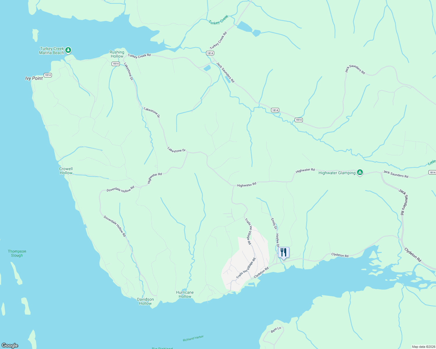 map of restaurants, bars, coffee shops, grocery stores, and more near Highwater Road in Waverly