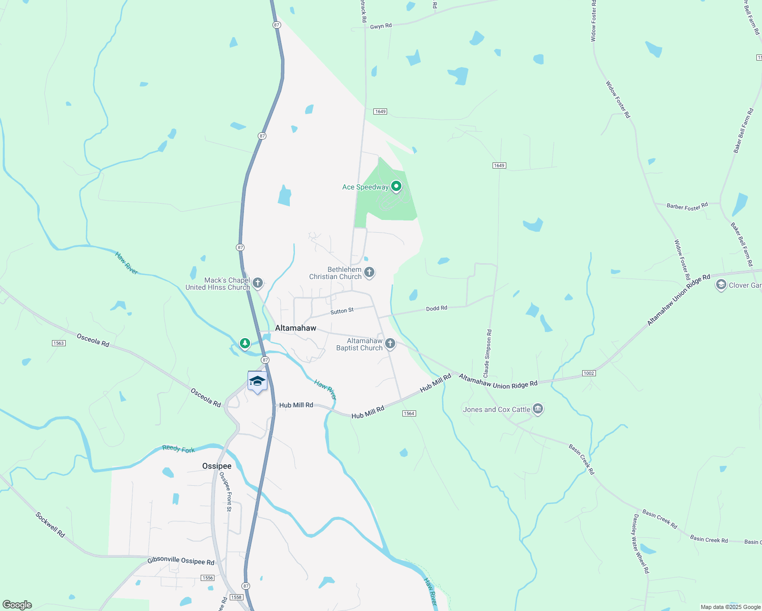 map of restaurants, bars, coffee shops, grocery stores, and more near 3569 Altamahaw Church Street in Elon