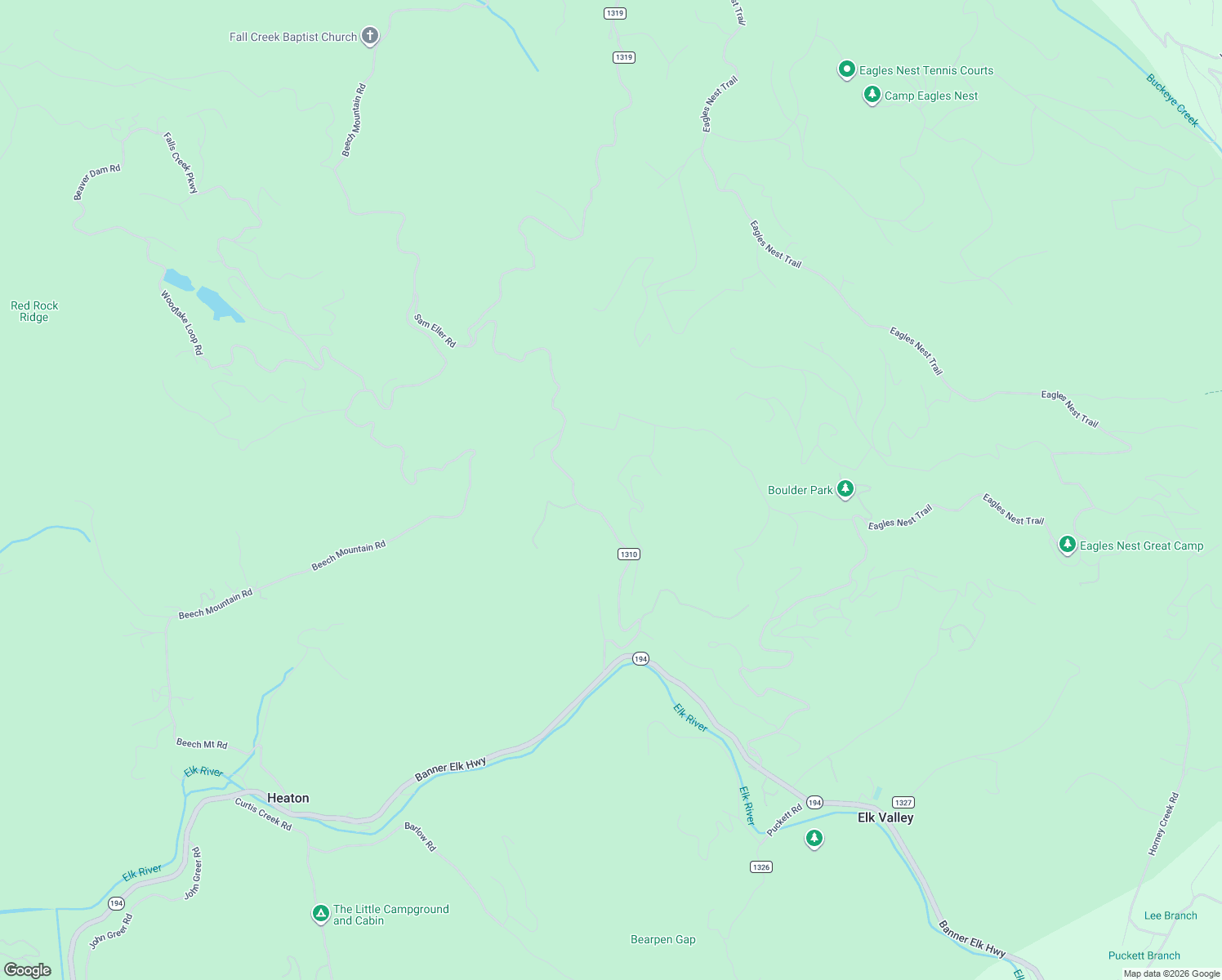 map of restaurants, bars, coffee shops, grocery stores, and more near 633 Sam Eller Road in Elk Park