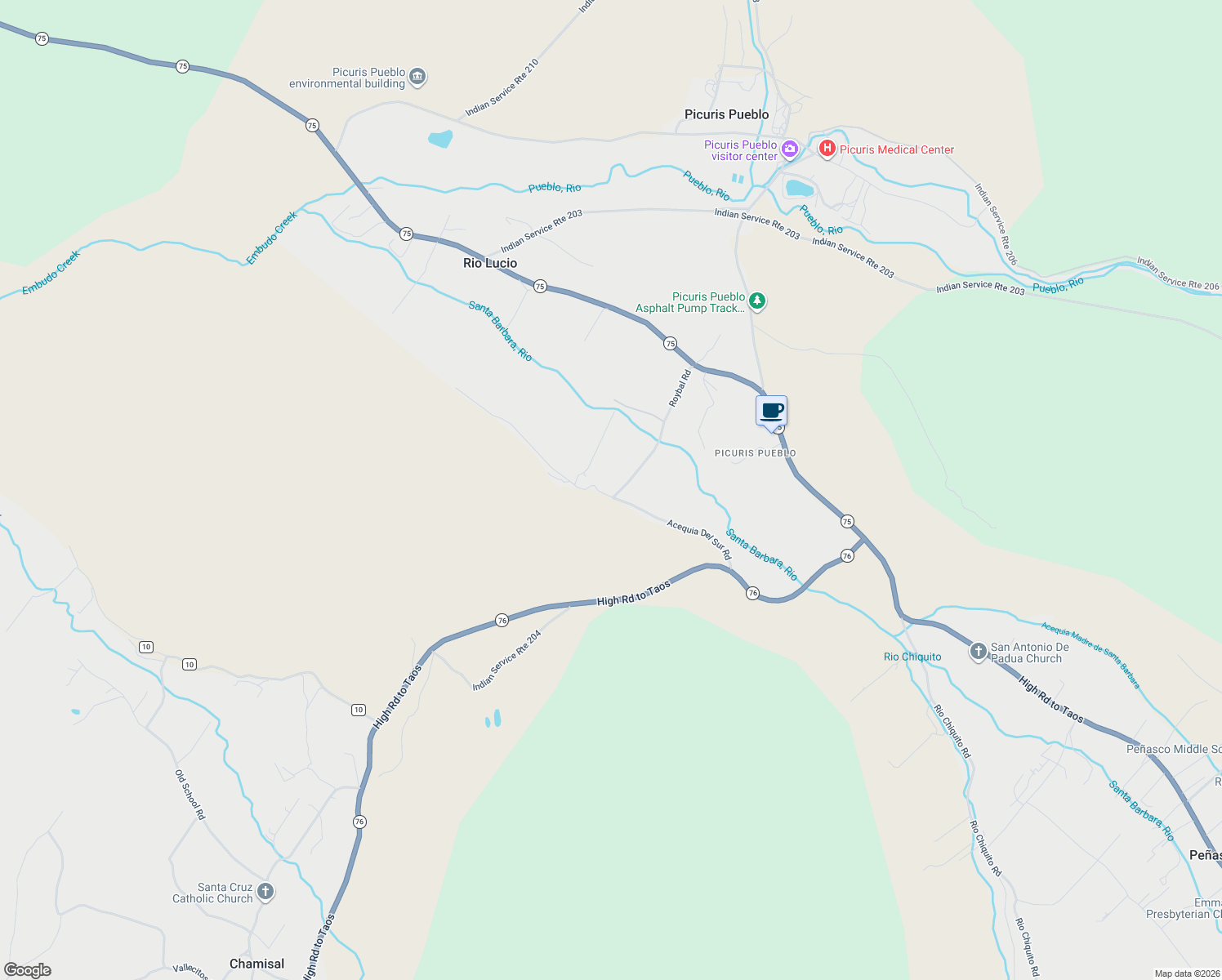 map of restaurants, bars, coffee shops, grocery stores, and more near 31-99 Roybal Road in Peñasco