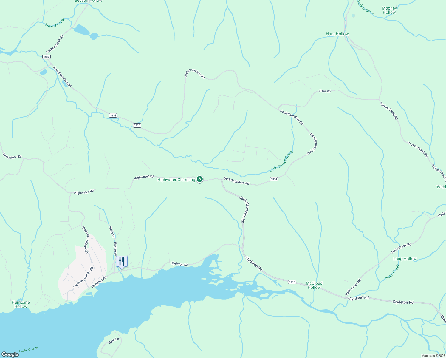 map of restaurants, bars, coffee shops, grocery stores, and more near County Highway 1814 in Humphreys County