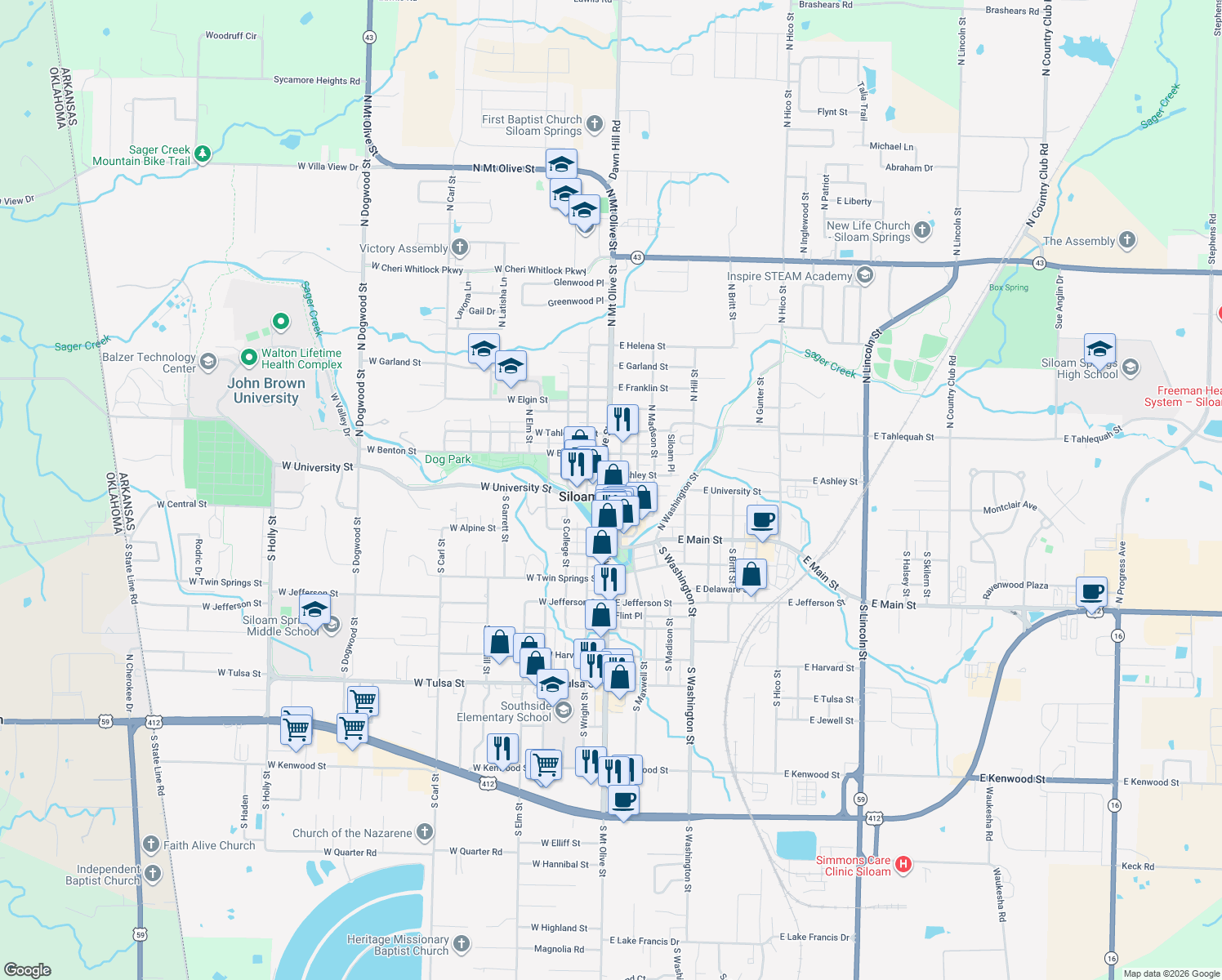 map of restaurants, bars, coffee shops, grocery stores, and more near 109 East University Street in Siloam Springs
