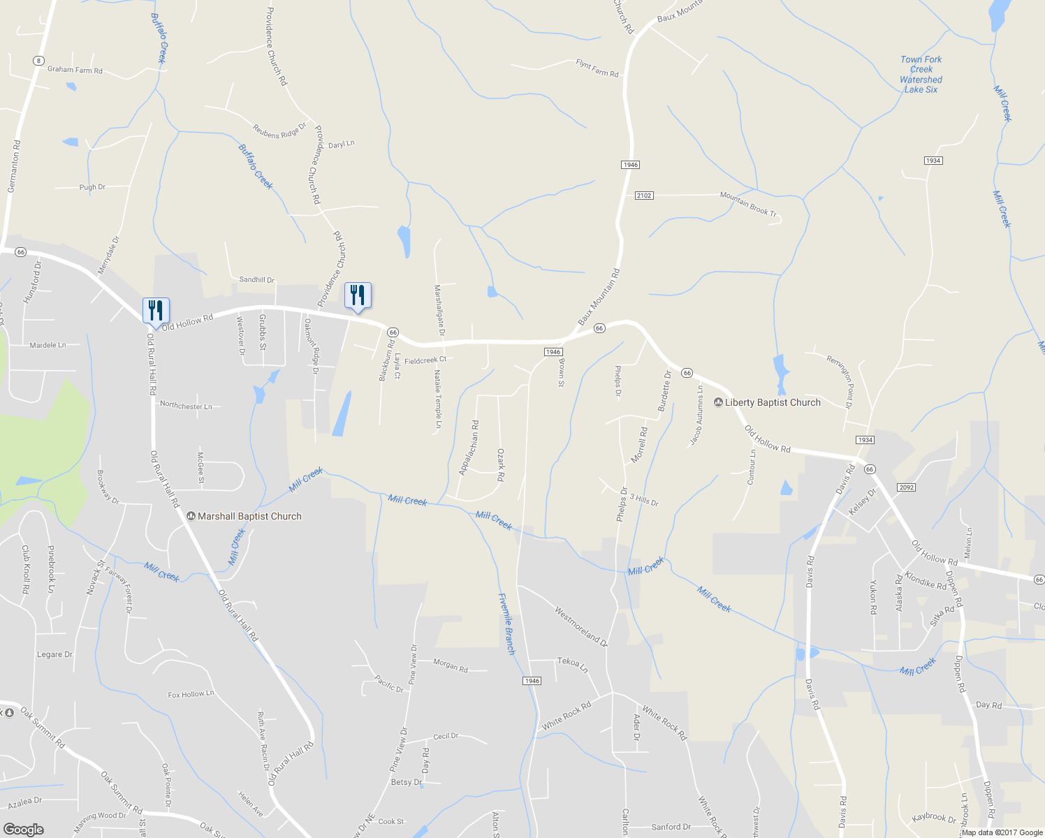 map of restaurants, bars, coffee shops, grocery stores, and more near 5052 Baux Mountain Road in Winston-Salem