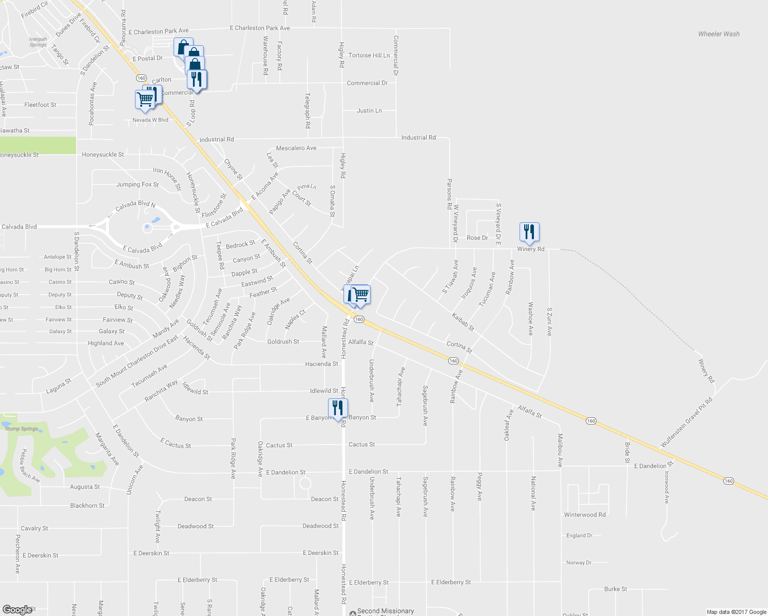 map of restaurants, bars, coffee shops, grocery stores, and more near 2281 Pampa Avenue in Pahrump