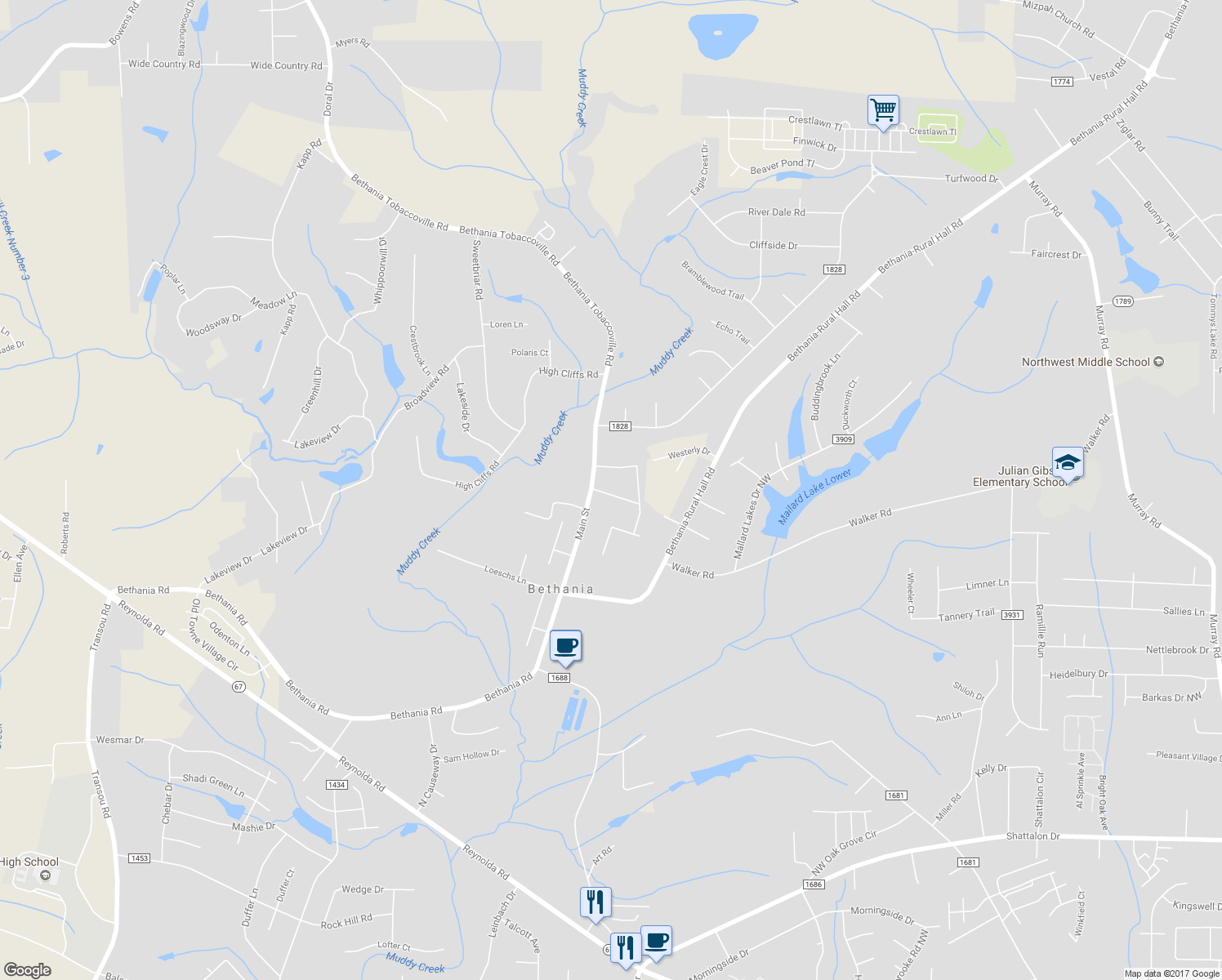 map of restaurants, bars, coffee shops, grocery stores, and more near 2335 Meredith Road in Pfafftown