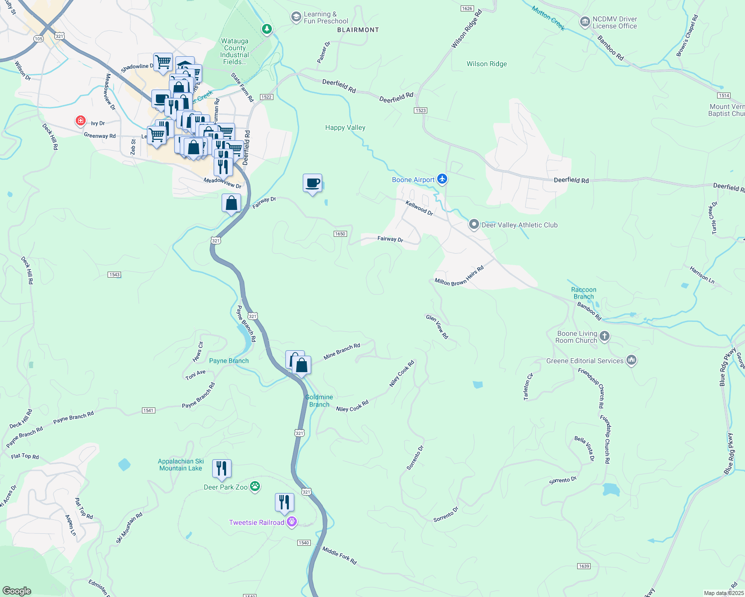 map of restaurants, bars, coffee shops, grocery stores, and more near 746 Forestridge Drive in Boone