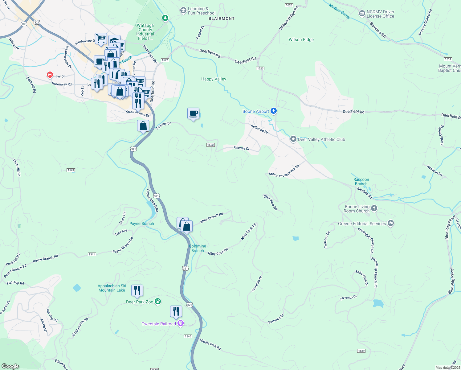 map of restaurants, bars, coffee shops, grocery stores, and more near 746 Forestridge Drive in Boone