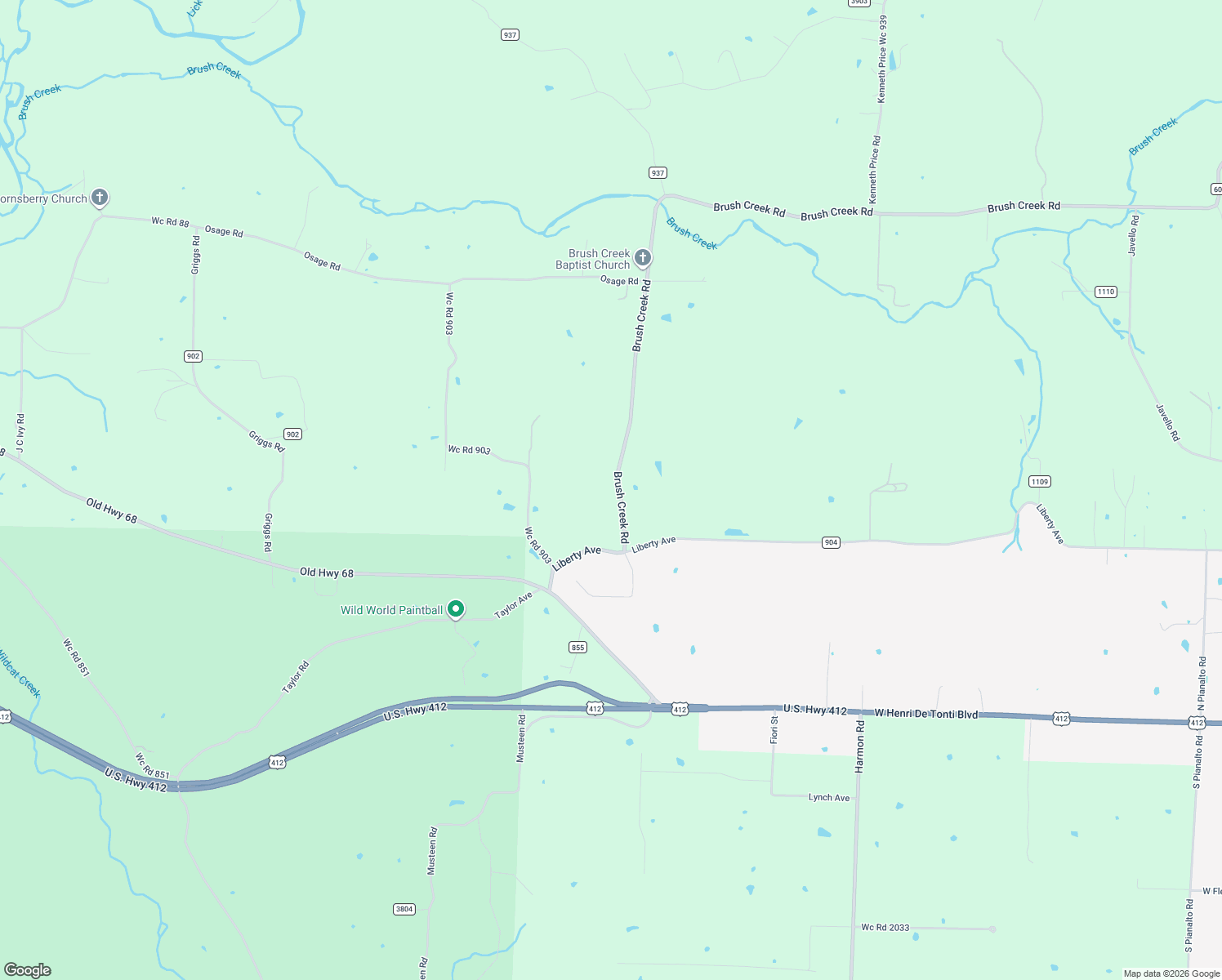 map of restaurants, bars, coffee shops, grocery stores, and more near 735 Brush Creek Road in Springdale