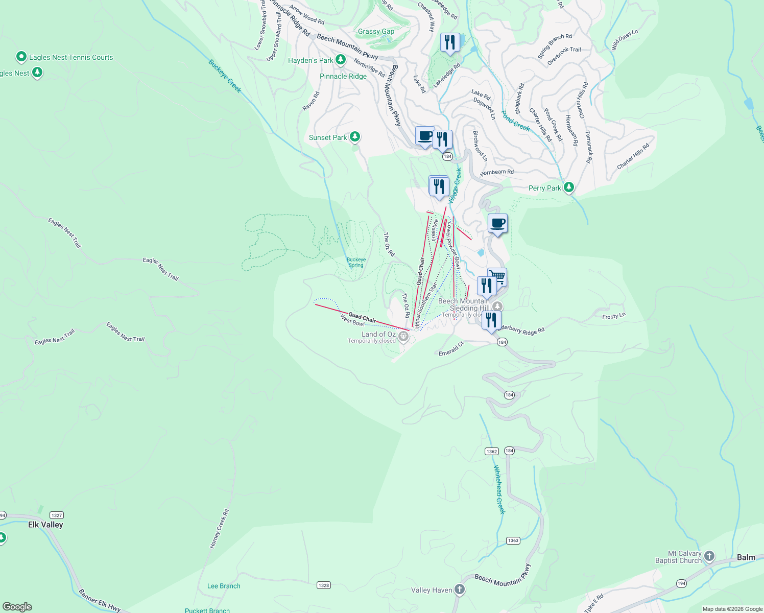 map of restaurants, bars, coffee shops, grocery stores, and more near 404 The Oz Road in Beech Mountain