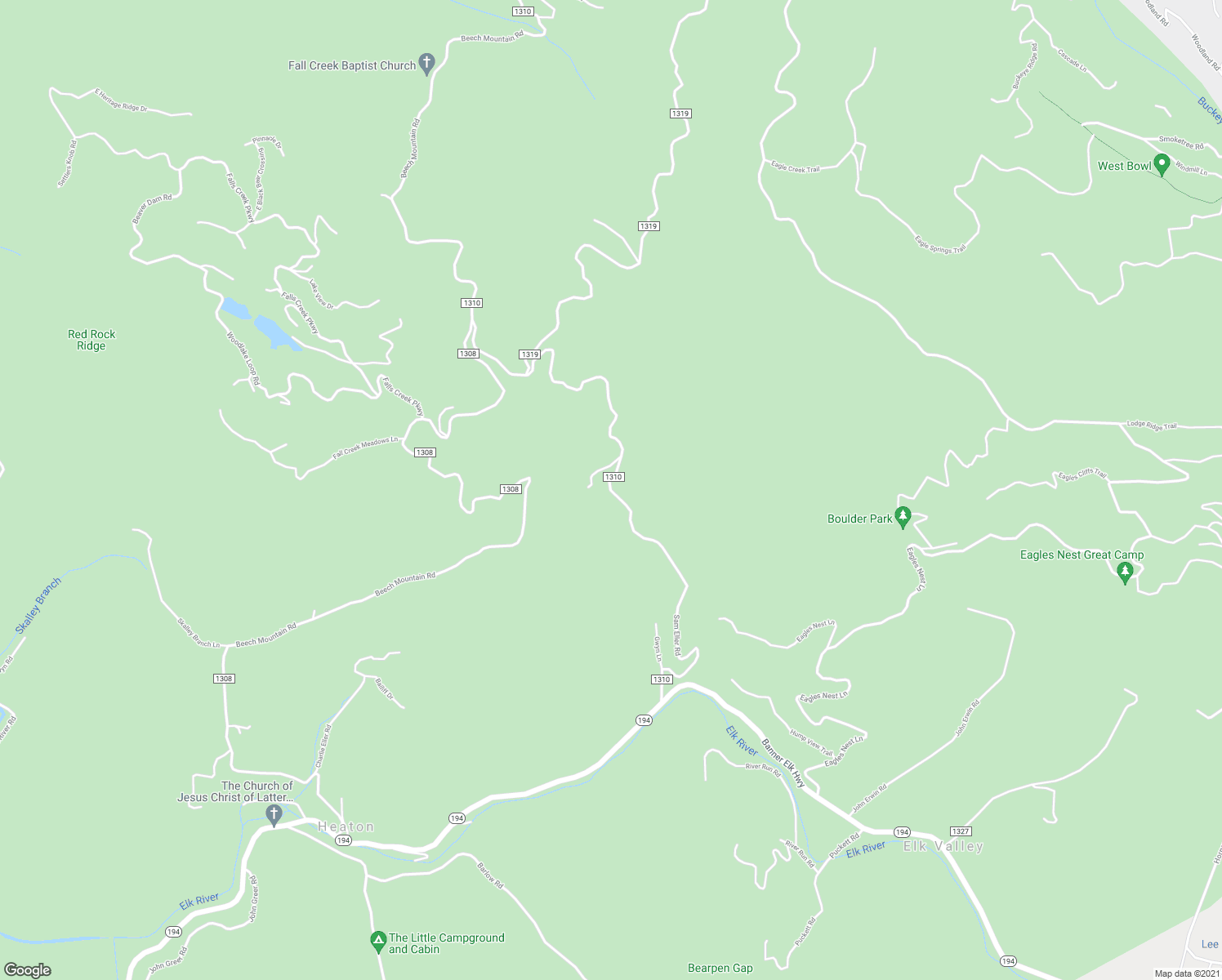 map of restaurants, bars, coffee shops, grocery stores, and more near Sam Eller Road in Elk Park