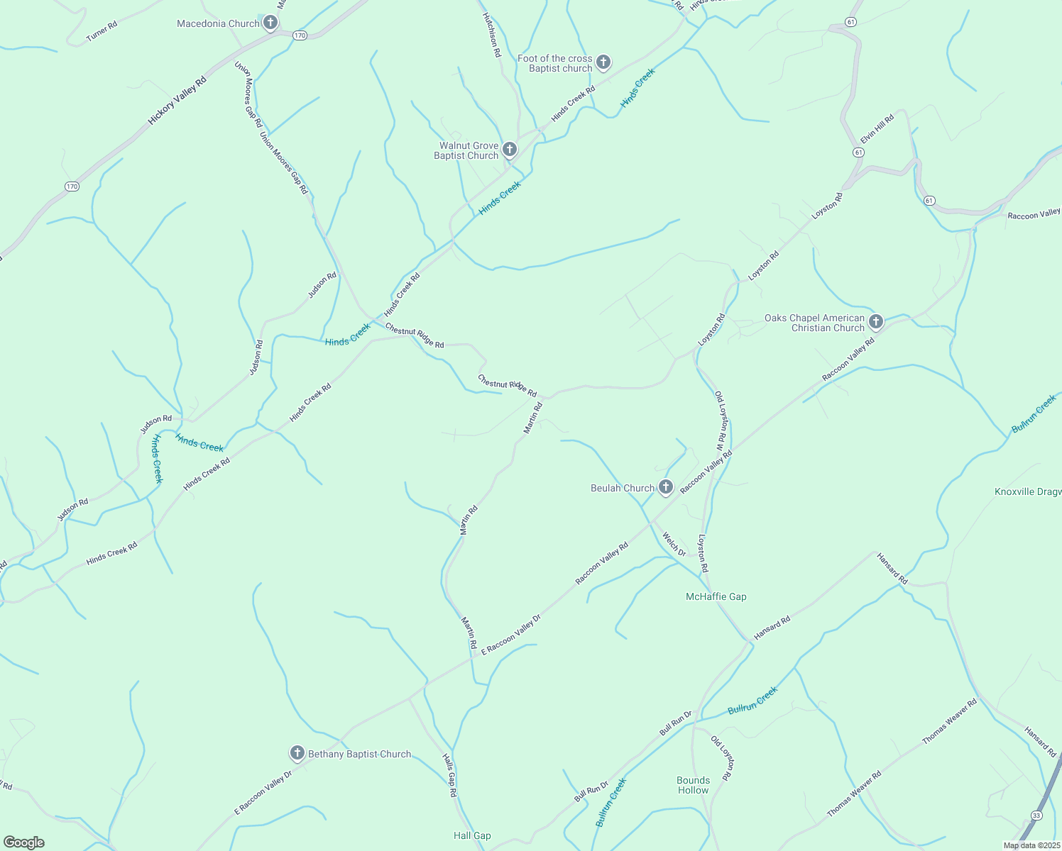 map of restaurants, bars, coffee shops, grocery stores, and more near 121 Martin Road in Maynardville