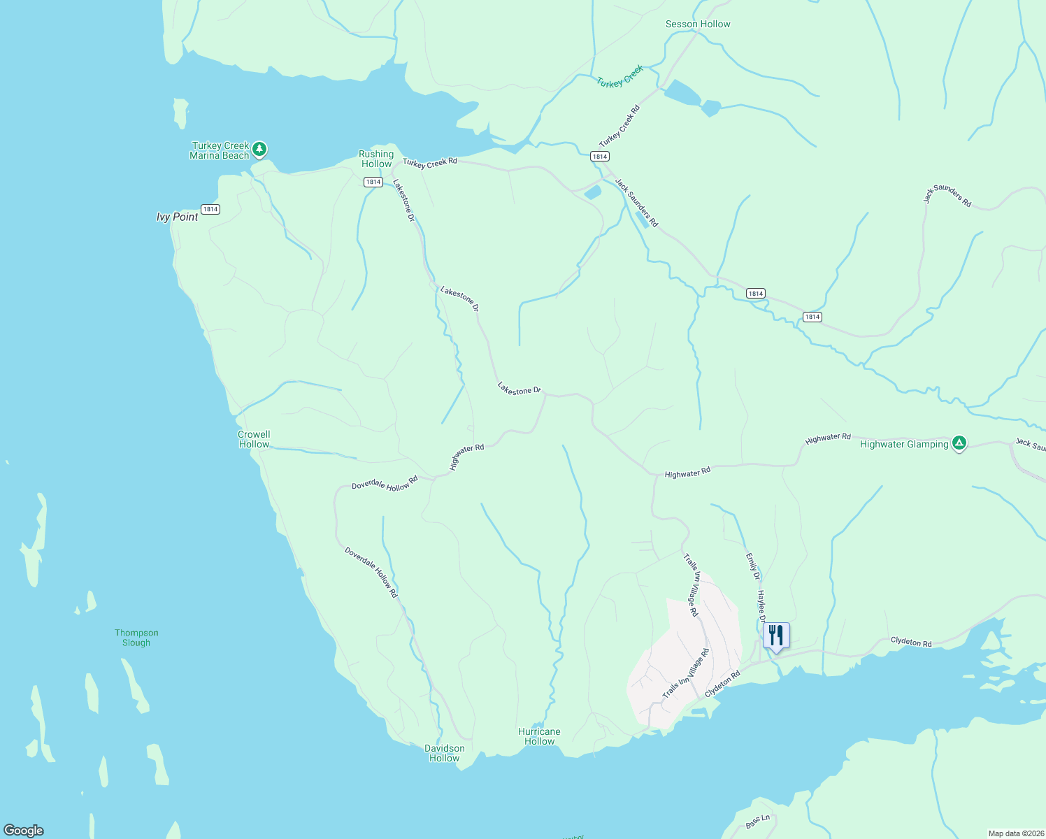 map of restaurants, bars, coffee shops, grocery stores, and more near Highwater Road in Waverly