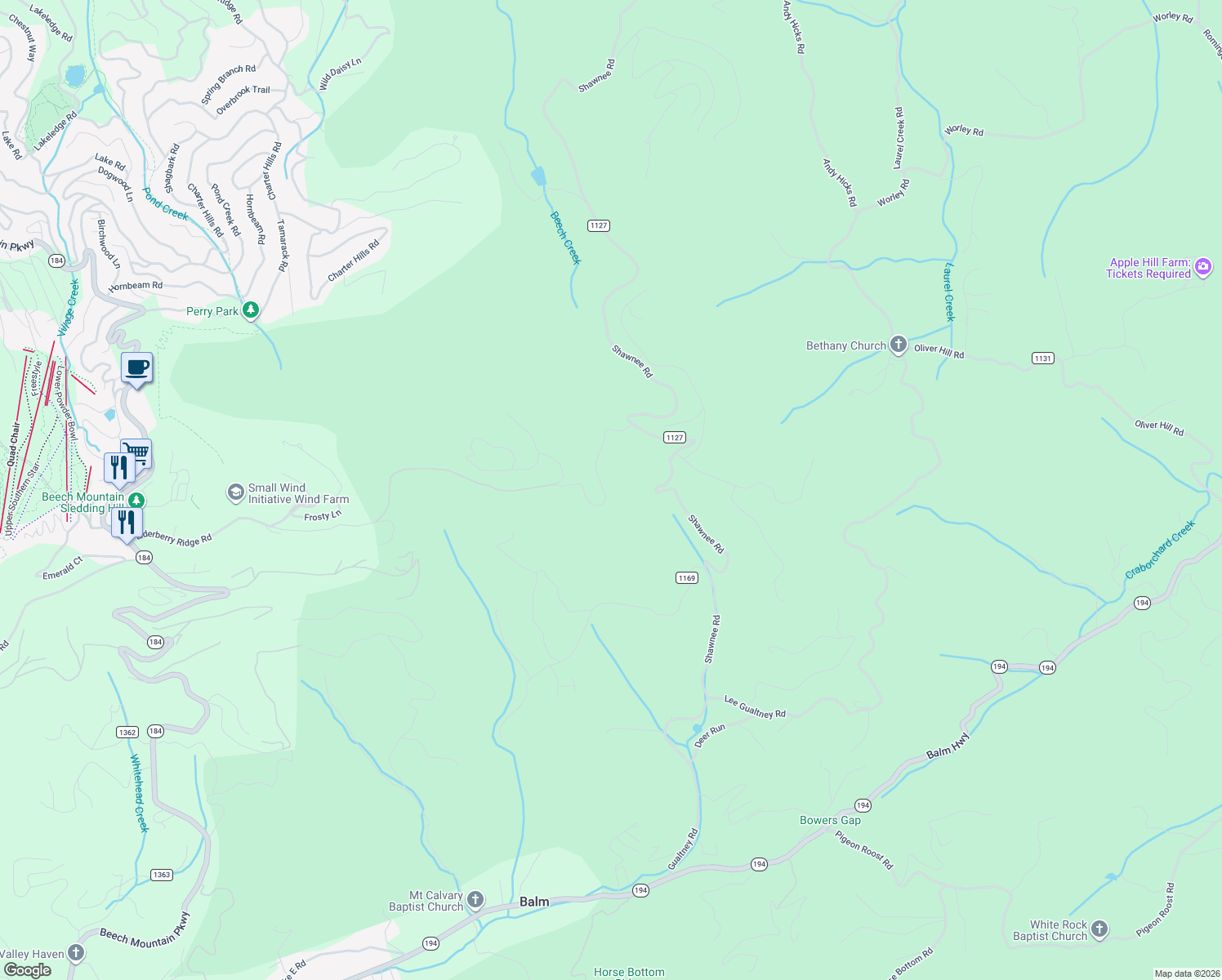 map of restaurants, bars, coffee shops, grocery stores, and more near 1071 Shawnee Road in Banner Elk