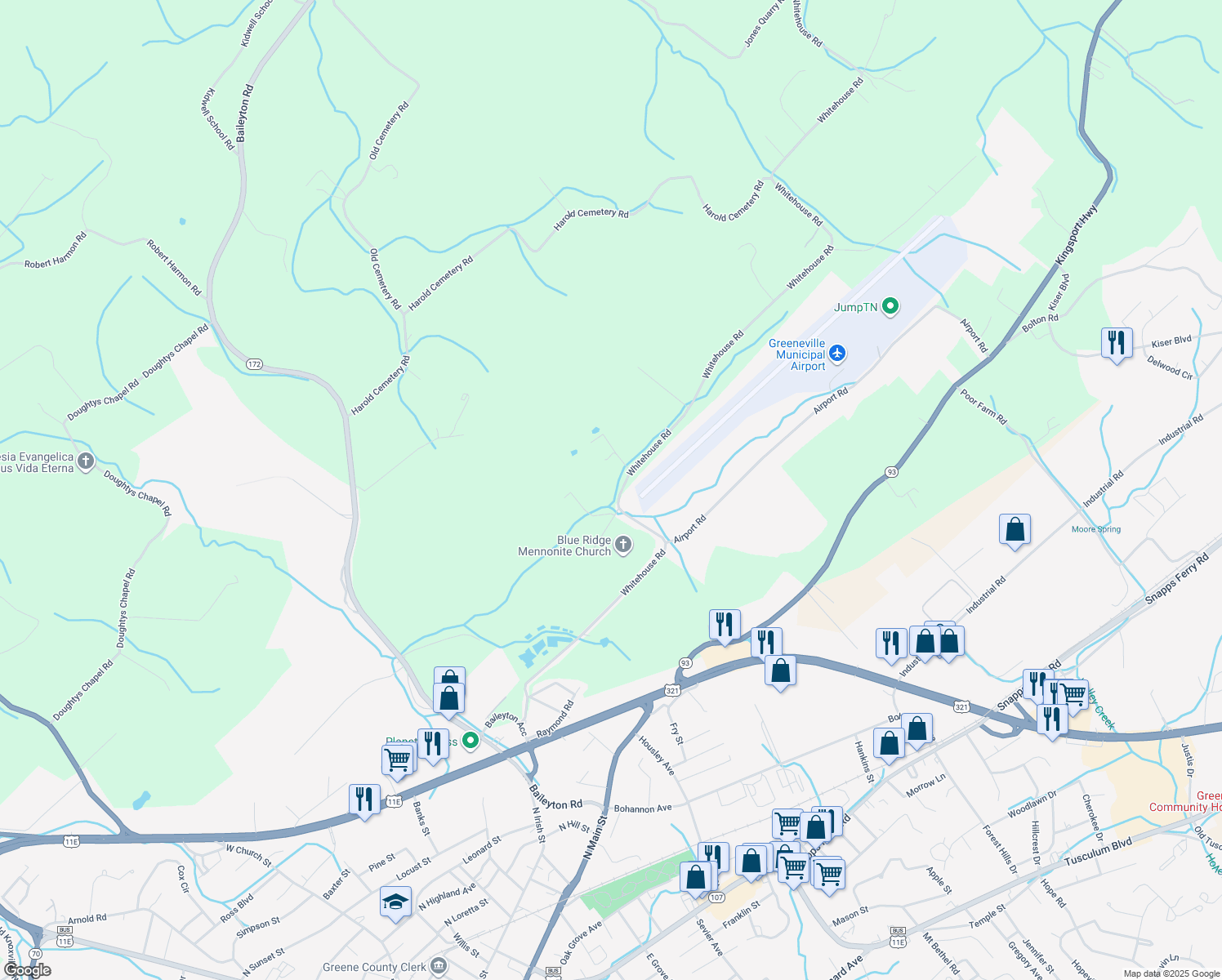 map of restaurants, bars, coffee shops, grocery stores, and more near 1101-1165 Whitehouse Road in Greeneville