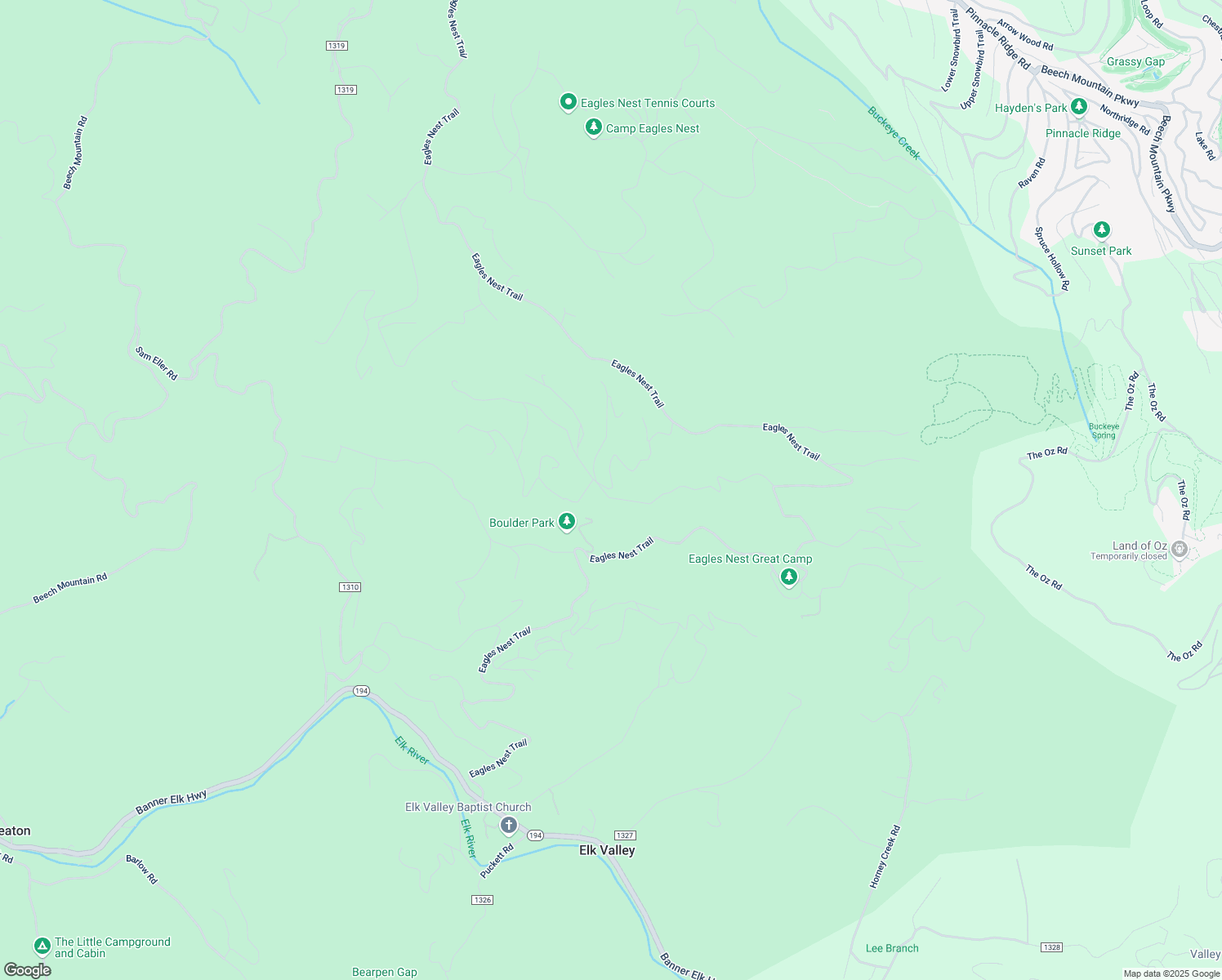 map of restaurants, bars, coffee shops, grocery stores, and more near Eagles Nest Trail in Avery County