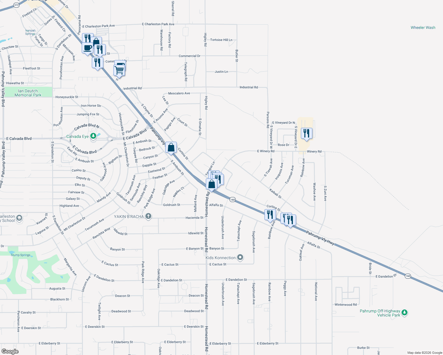map of restaurants, bars, coffee shops, grocery stores, and more near 2221 Winery Road in Pahrump