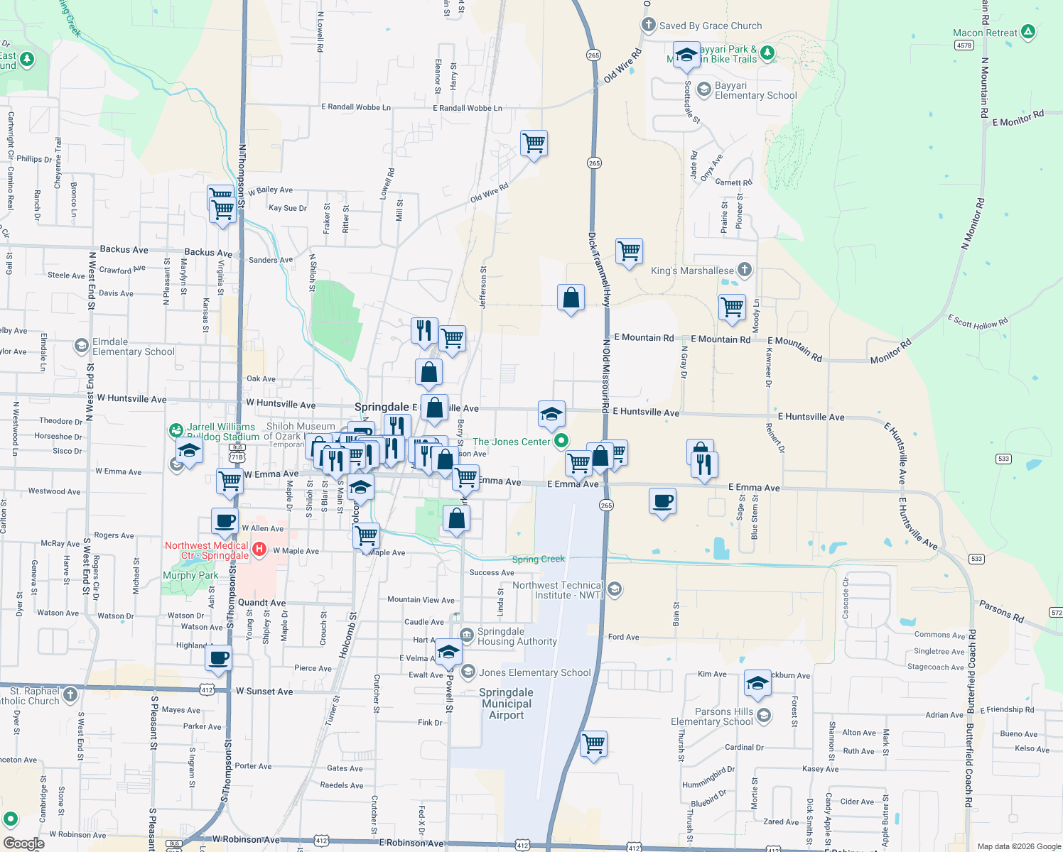 map of restaurants, bars, coffee shops, grocery stores, and more near 312 Ruby St in Springdale