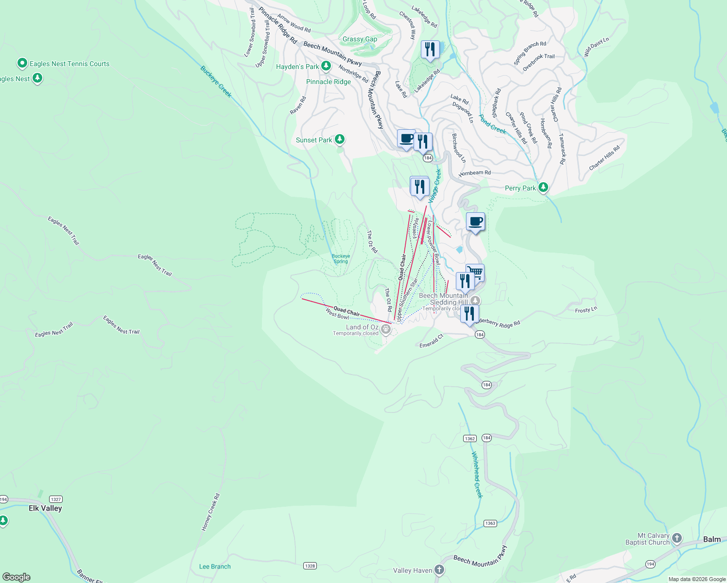 map of restaurants, bars, coffee shops, grocery stores, and more near 404 The Oz Road in Beech Mountain