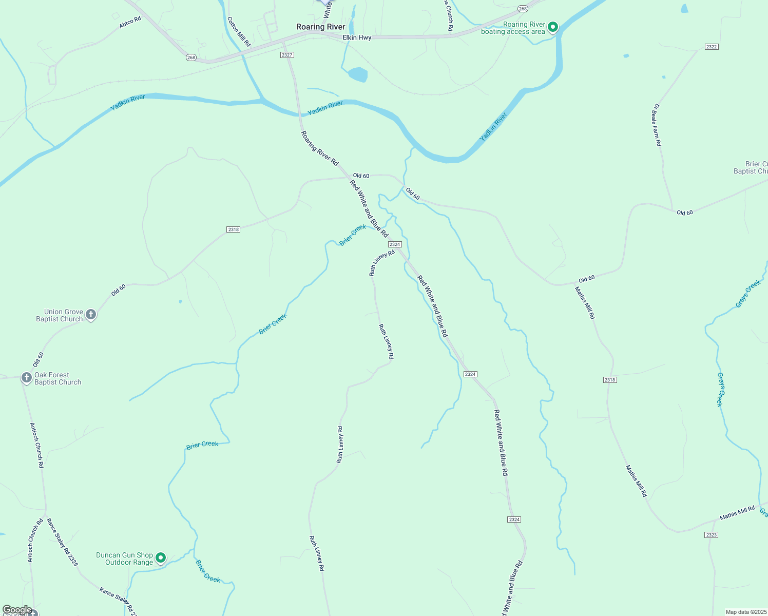 map of restaurants, bars, coffee shops, grocery stores, and more near 485 Ruth Linney Road in Roaring River