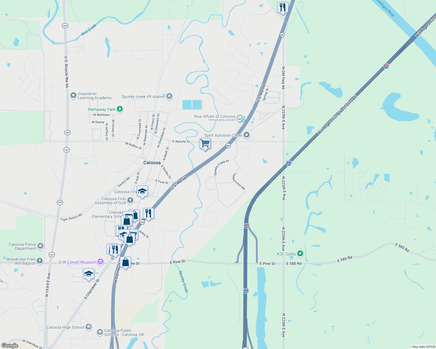 map of restaurants, bars, coffee shops, grocery stores, and more near 141 Spunky Creek Drive in Catoosa