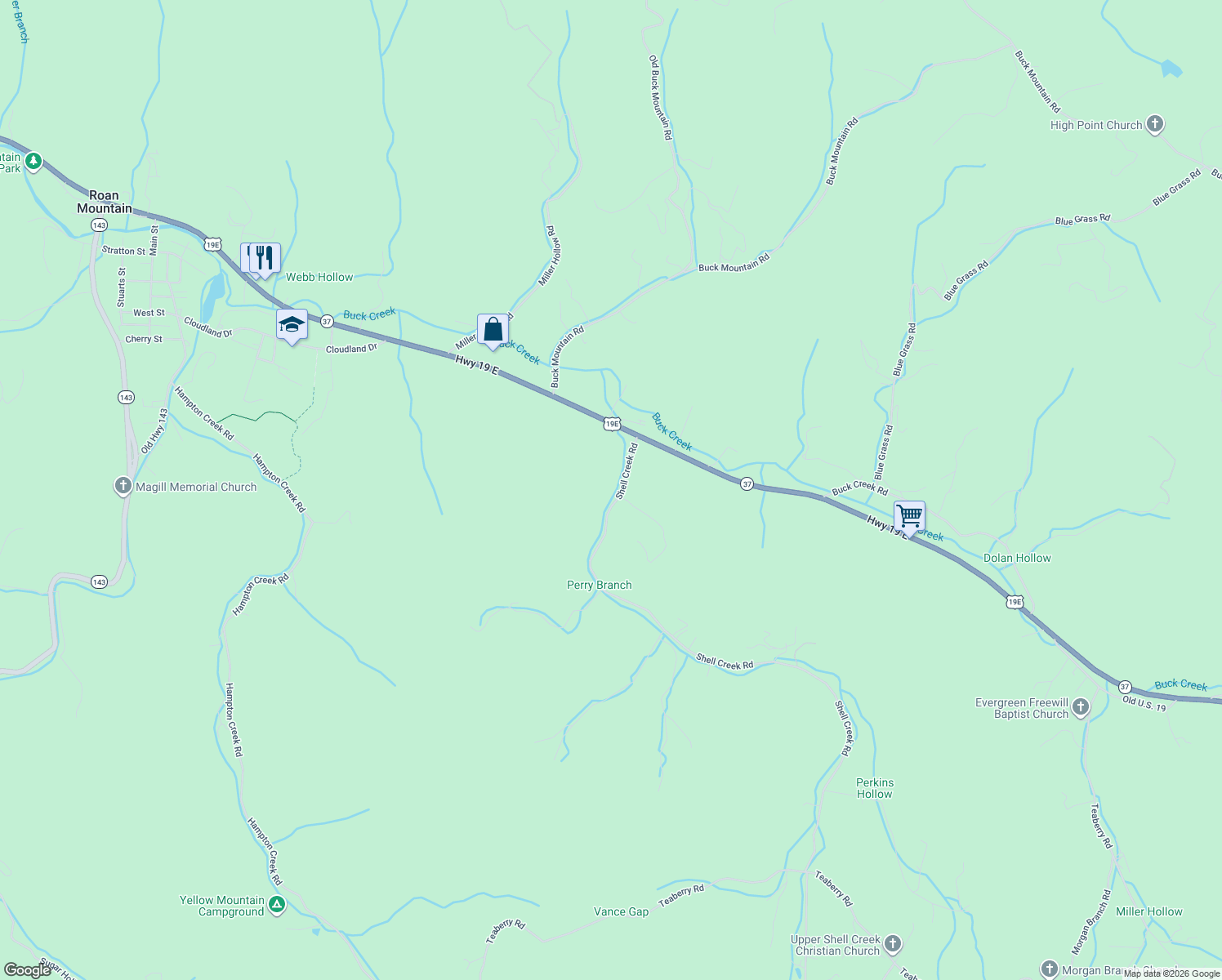map of restaurants, bars, coffee shops, grocery stores, and more near 158 Shell Creek Rd in Roan Mountain